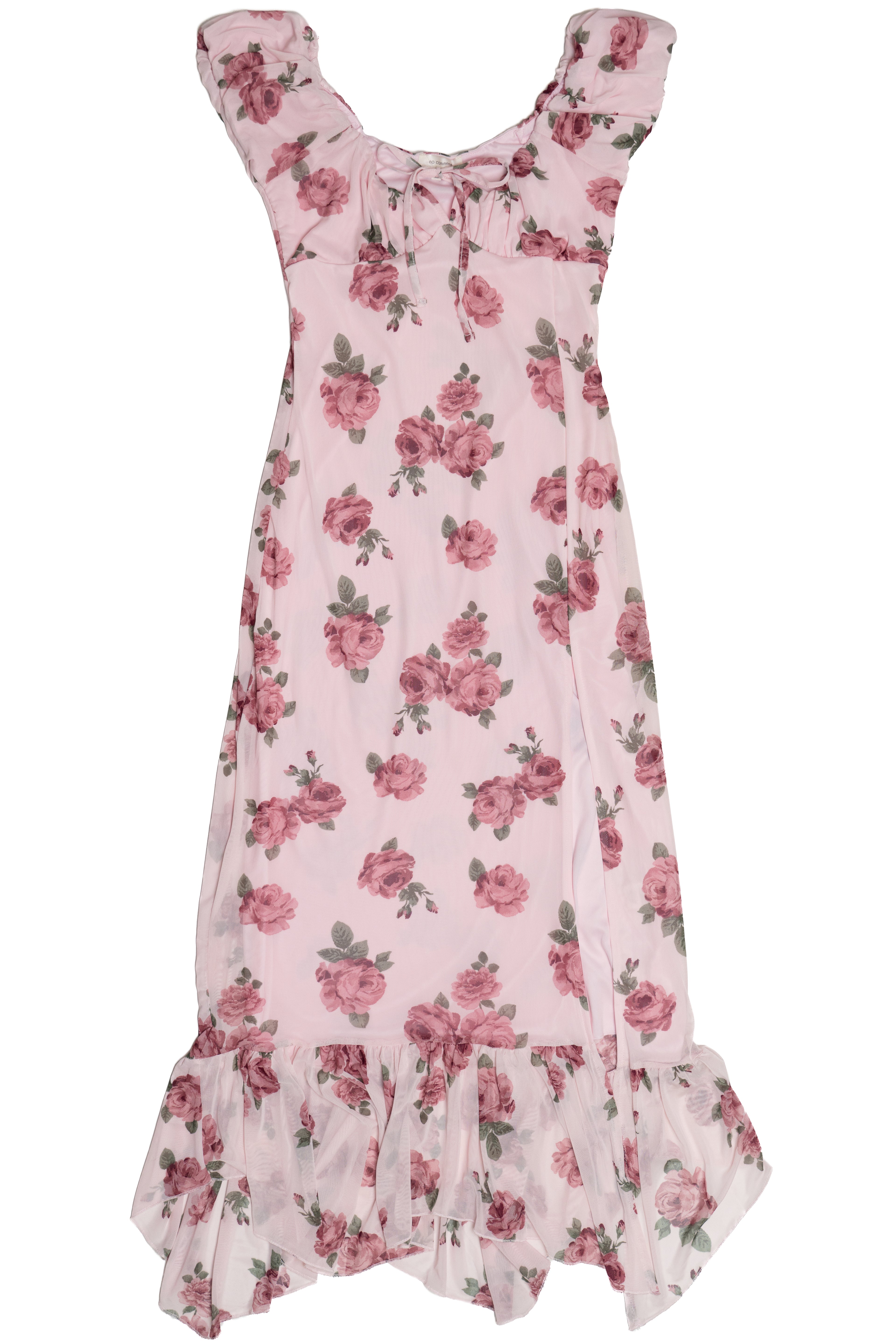 Mesh Puff Sleeve Hanky Hem Maxi Dress