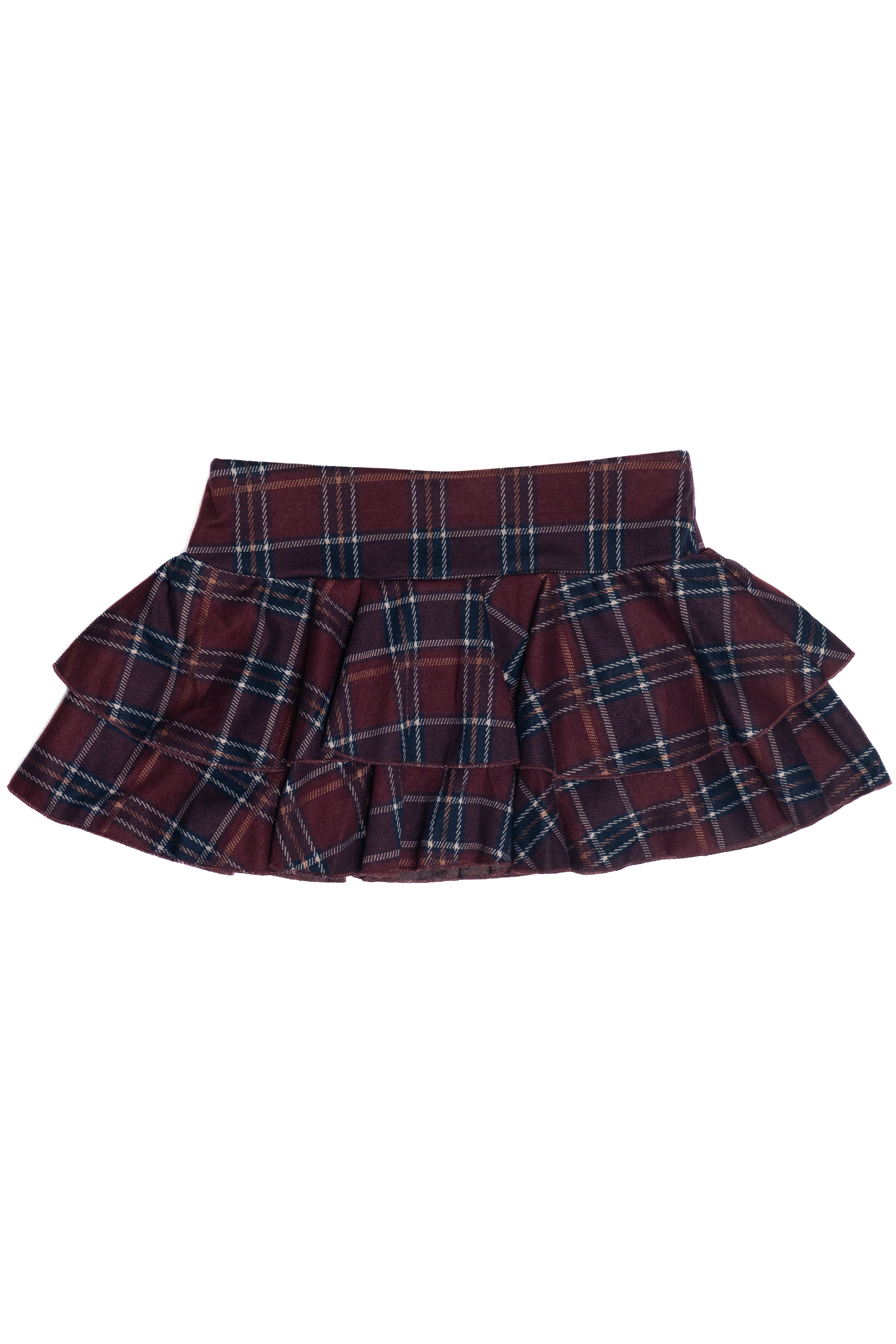 Brushed Plaid Tiered Mini Skort - Burgundy