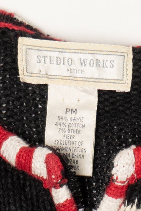 Vintage Black Studio Works Santa Skiing Parachuting Ugly Christmas Cardigan (1990s)