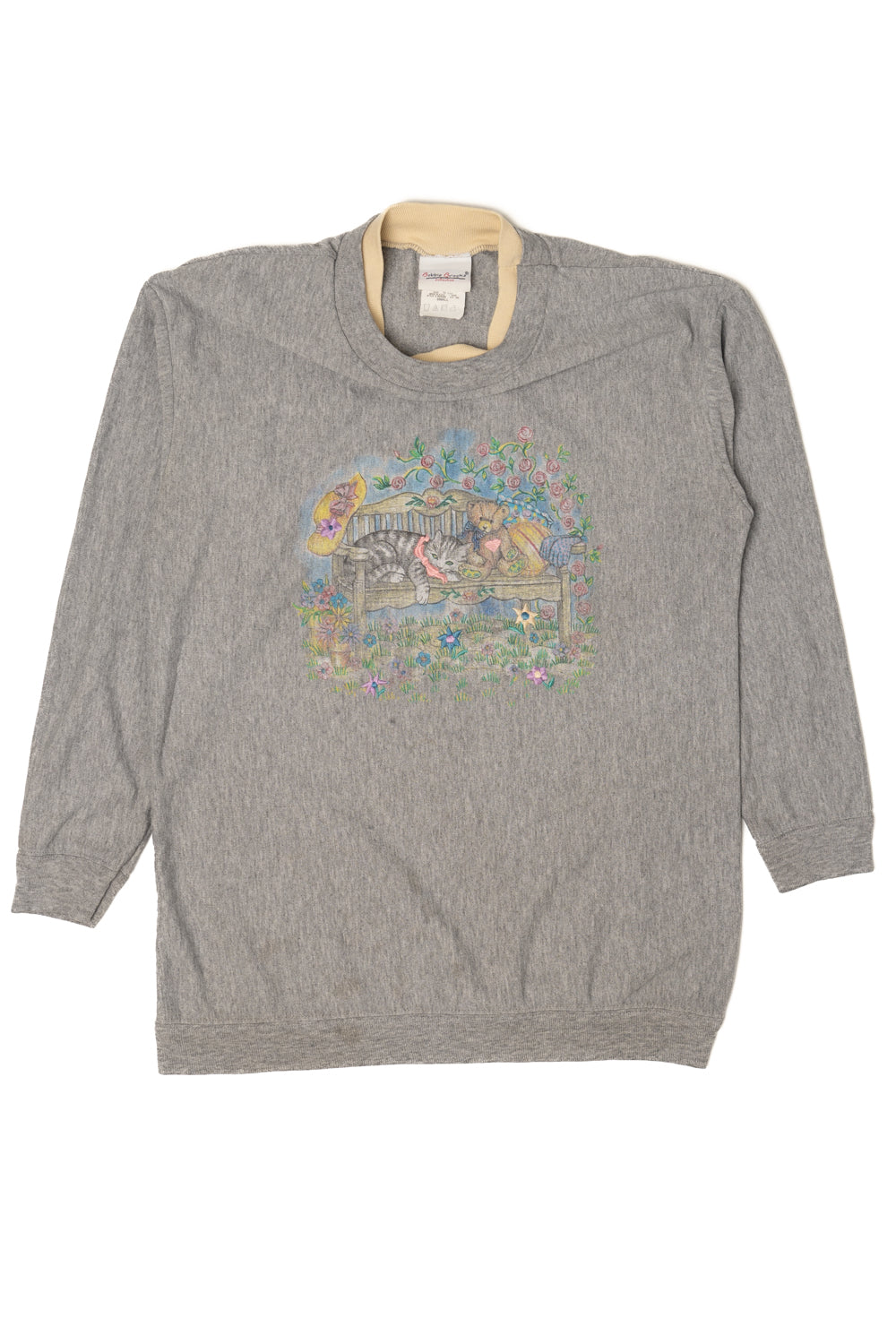 Heather gray sweatshirt with layered collar and graphic of a cat and teddy bear on a bench