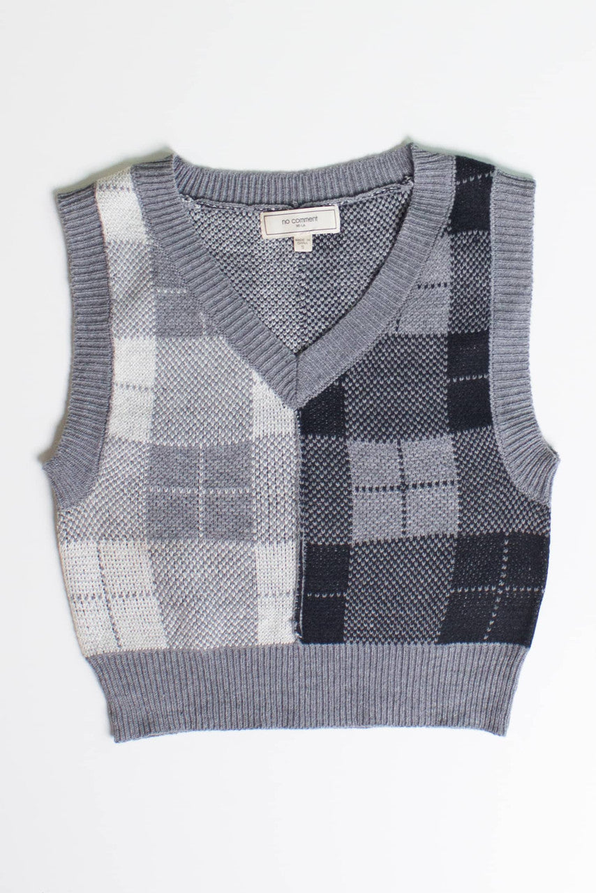 Grey Color Block Plaid Sweater Vest