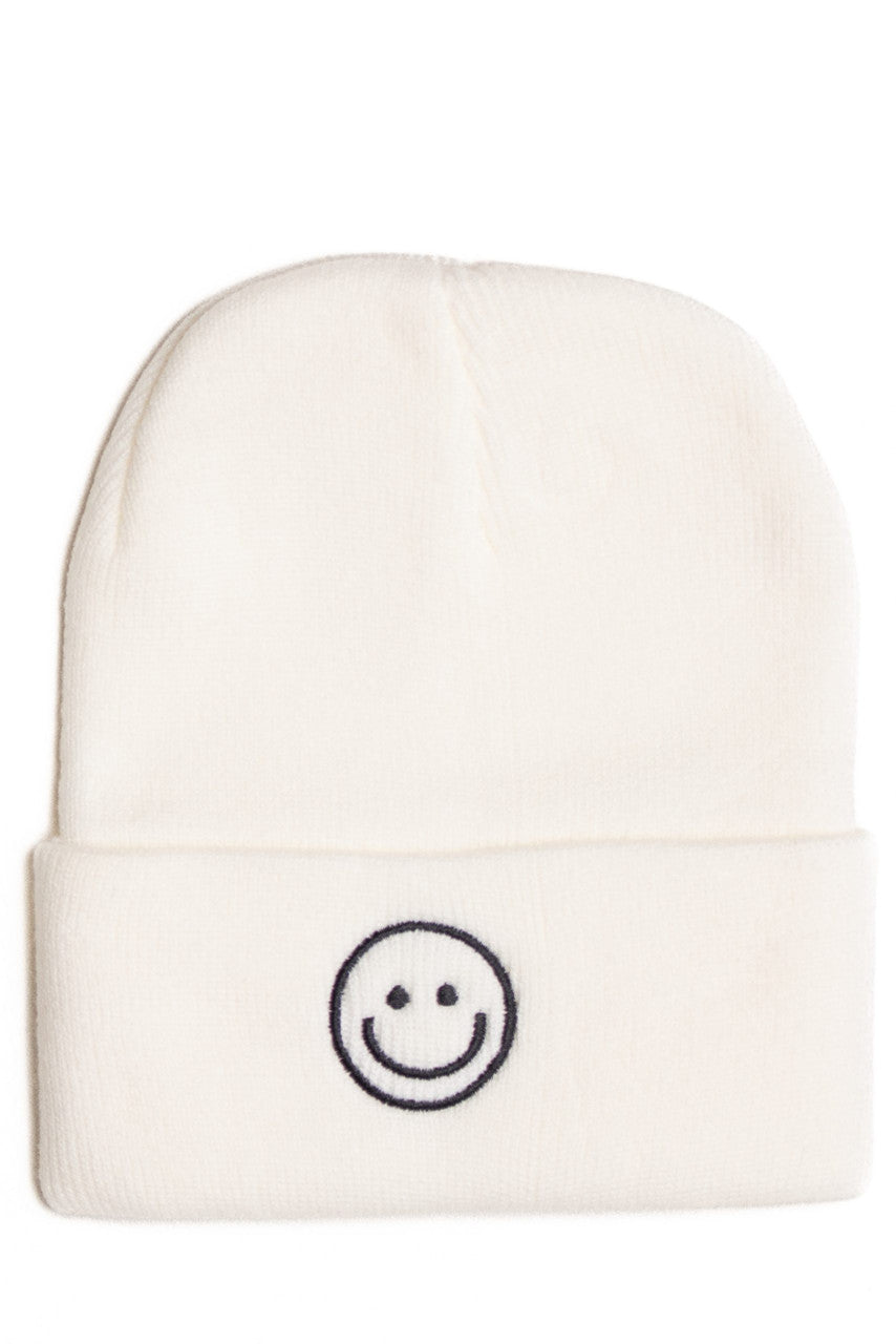 White Smiley Face Knit Beanie