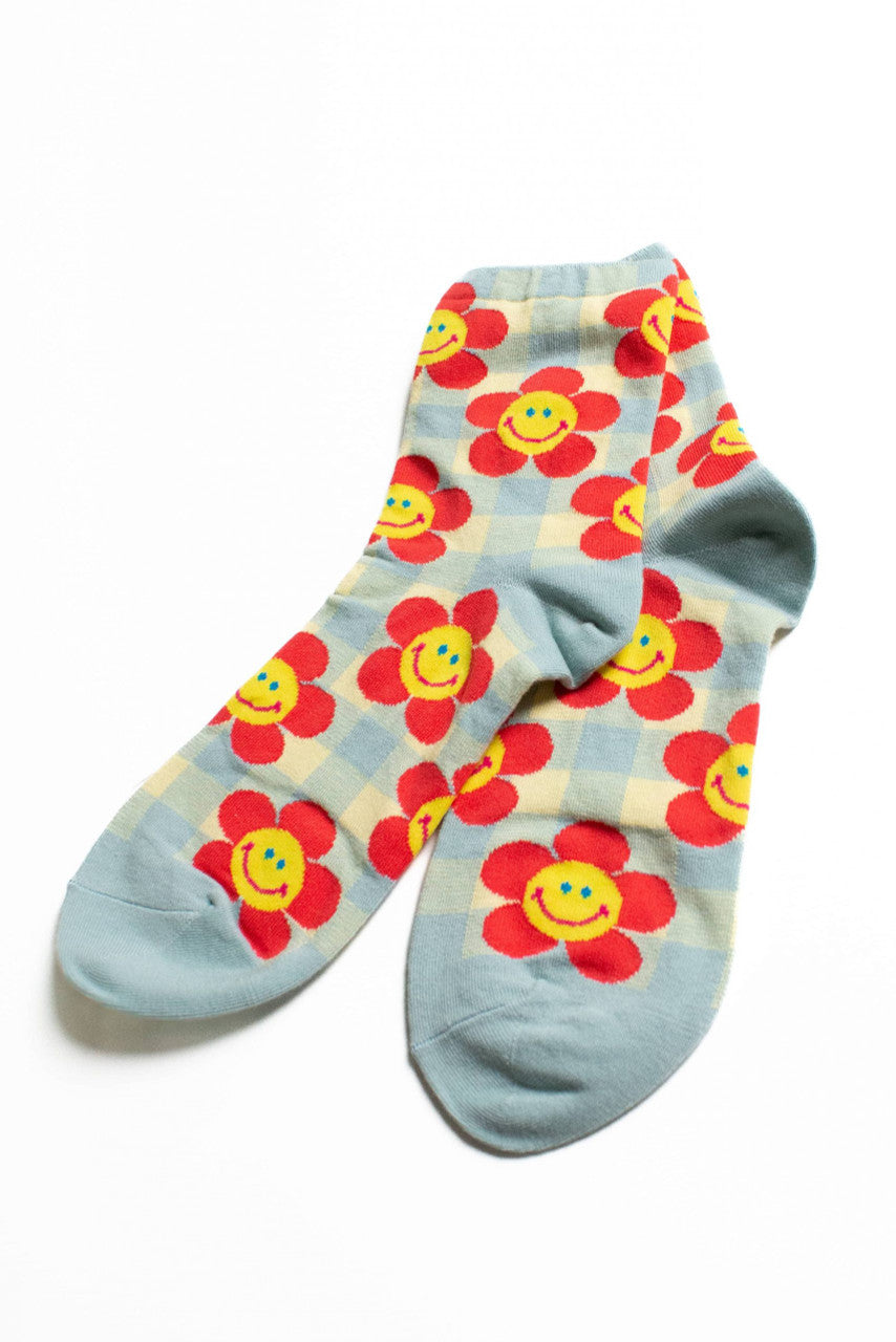 Blue Daisy Checked Socks
