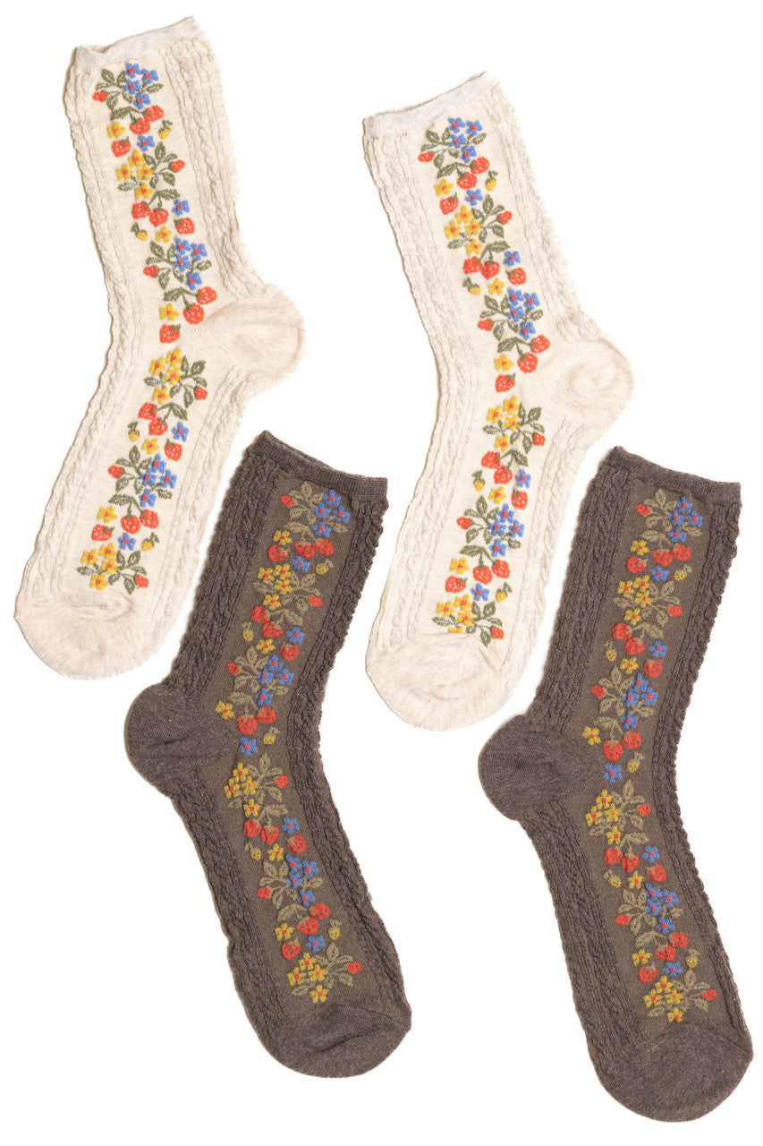 Taupe Strawberry Floral Twist Socks - 1 Pair