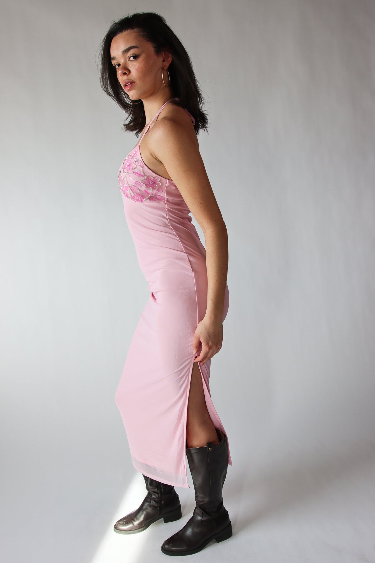 Sequin Beaded Halter Maxi Dress