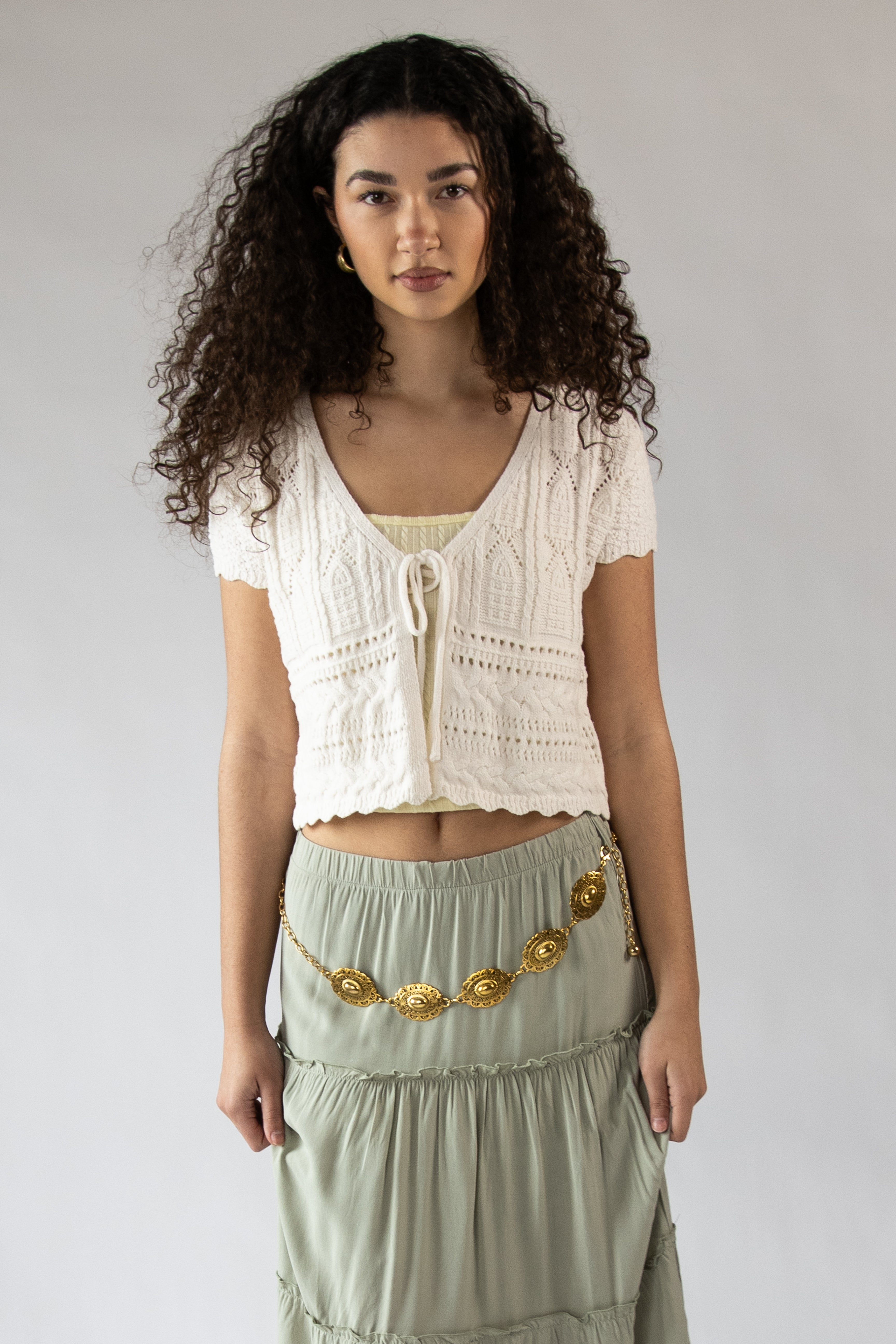 Short Sleeve Pointelle Knit Tie Front Cardigan