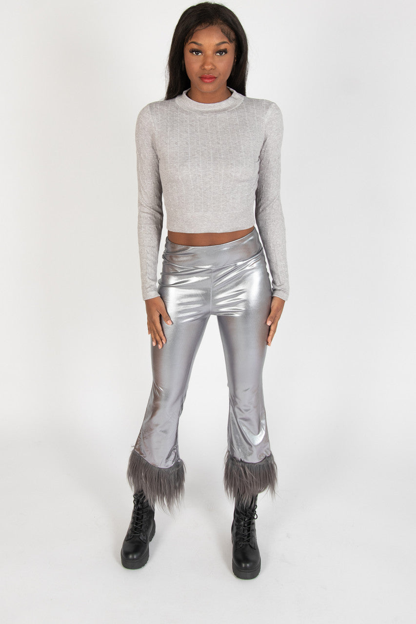 Metallic Fur Trim Flare Pants