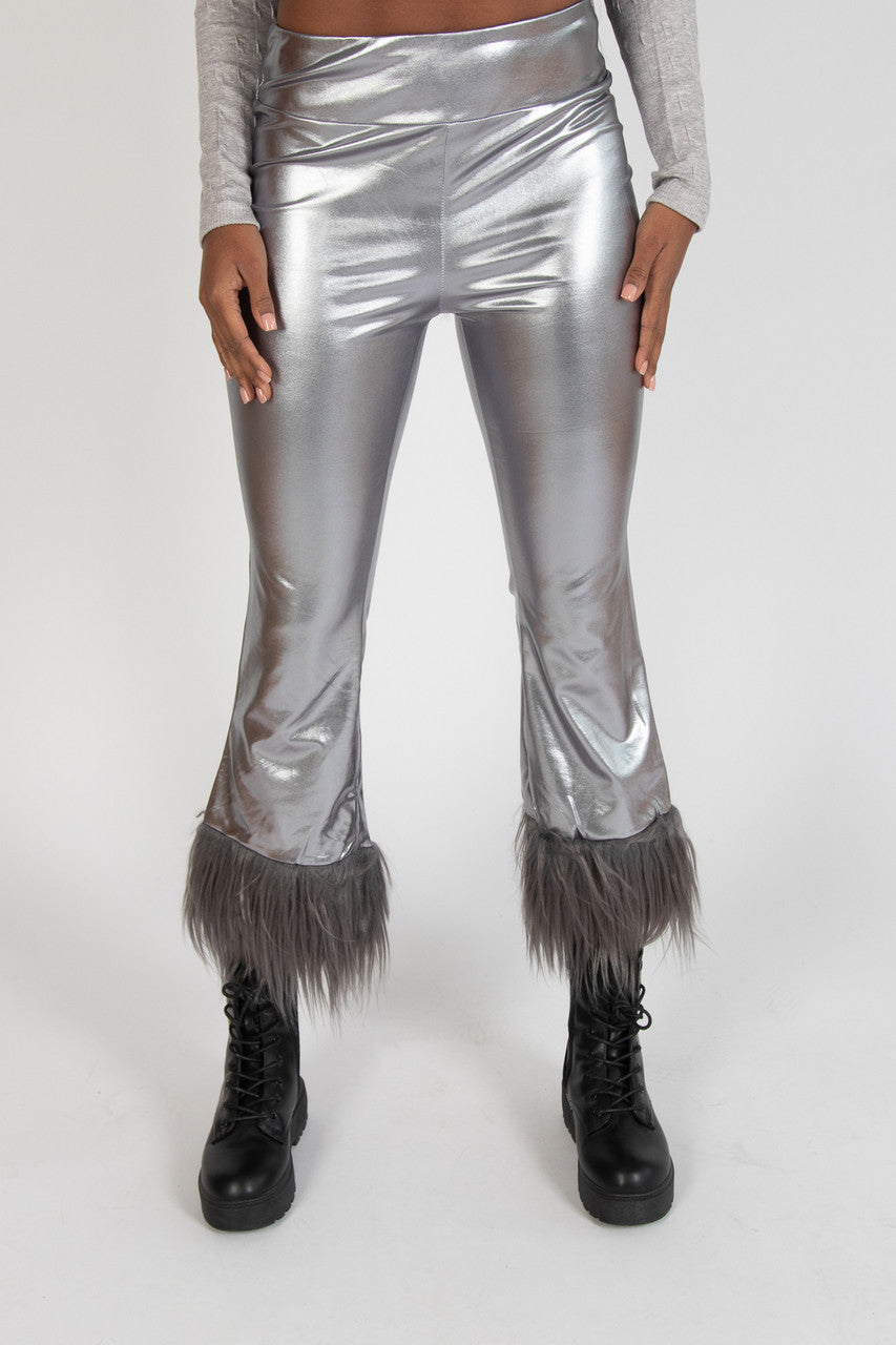 Metallic Fur Trim Flare Pants