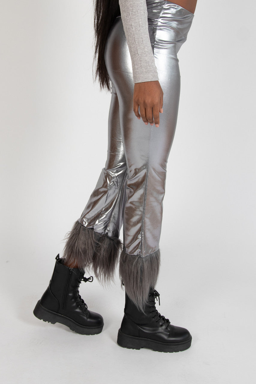 Metallic Fur Trim Flare Pants