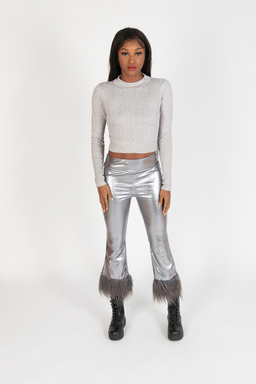 Metallic Fur Trim Flare Pants