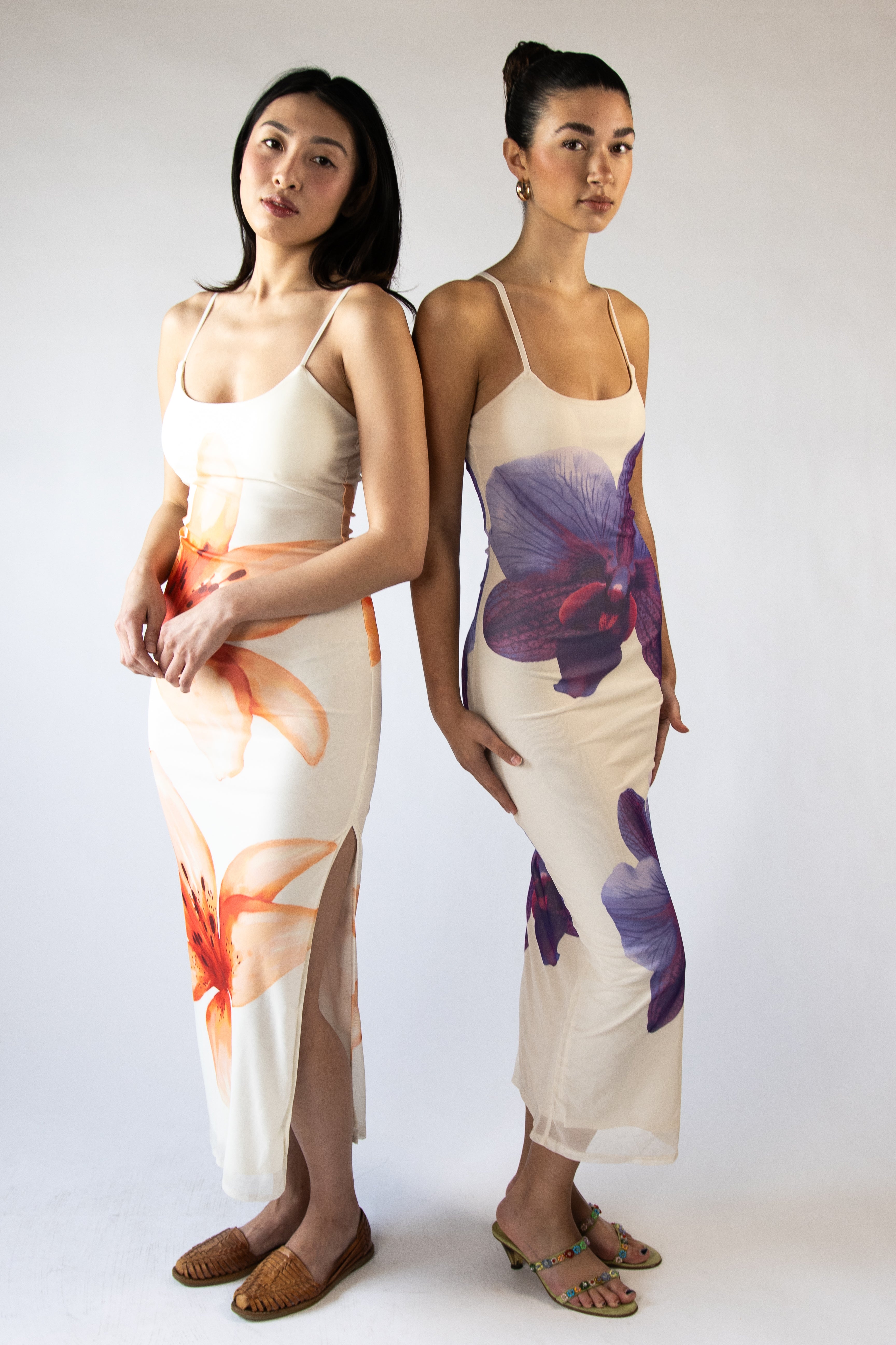 Large Flower Print Mesh Maxi Dress