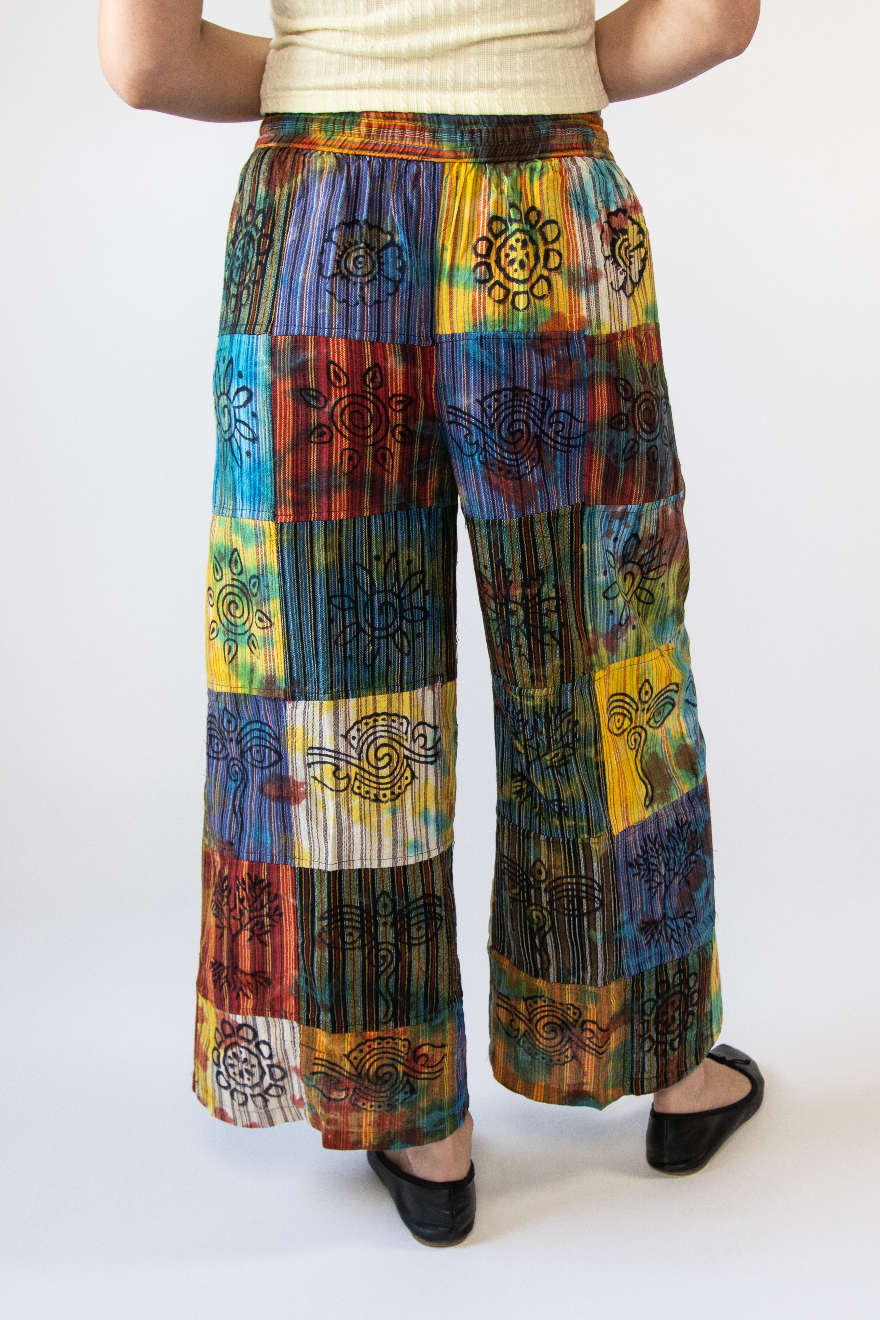 Stamped Tie Dye Wide Leg Patchwork Pants