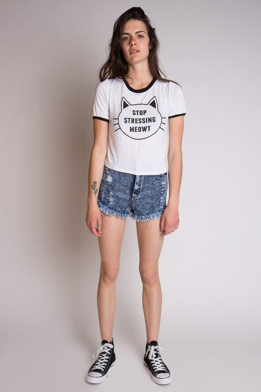 Stressing Meowt Graphic Ringer Crop Tee