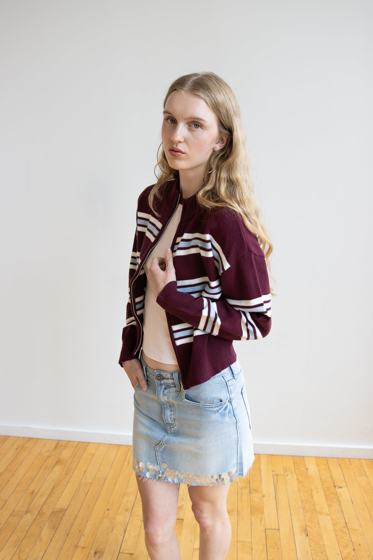 Striped Mock Neck Zip Cardigan