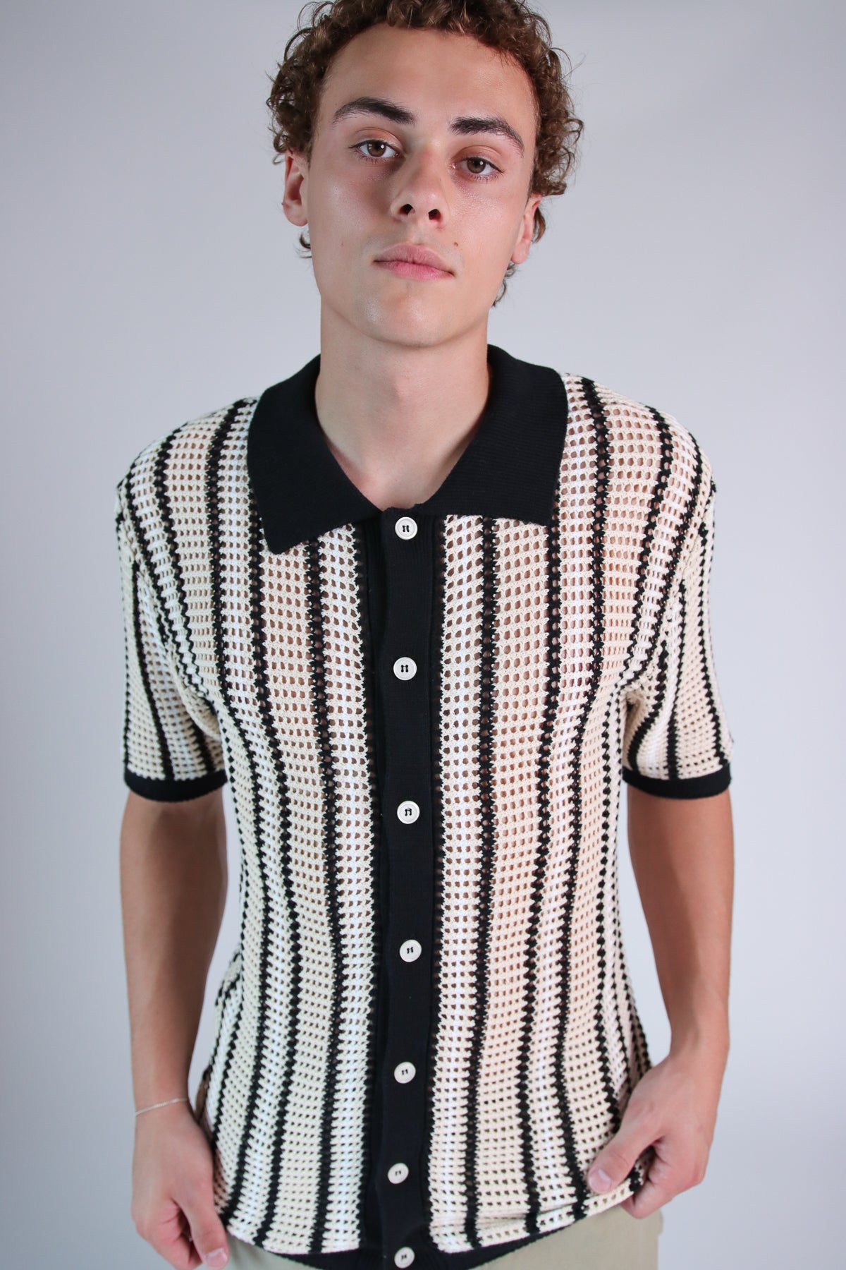 Striped Knit Mesh Button Up Shirt