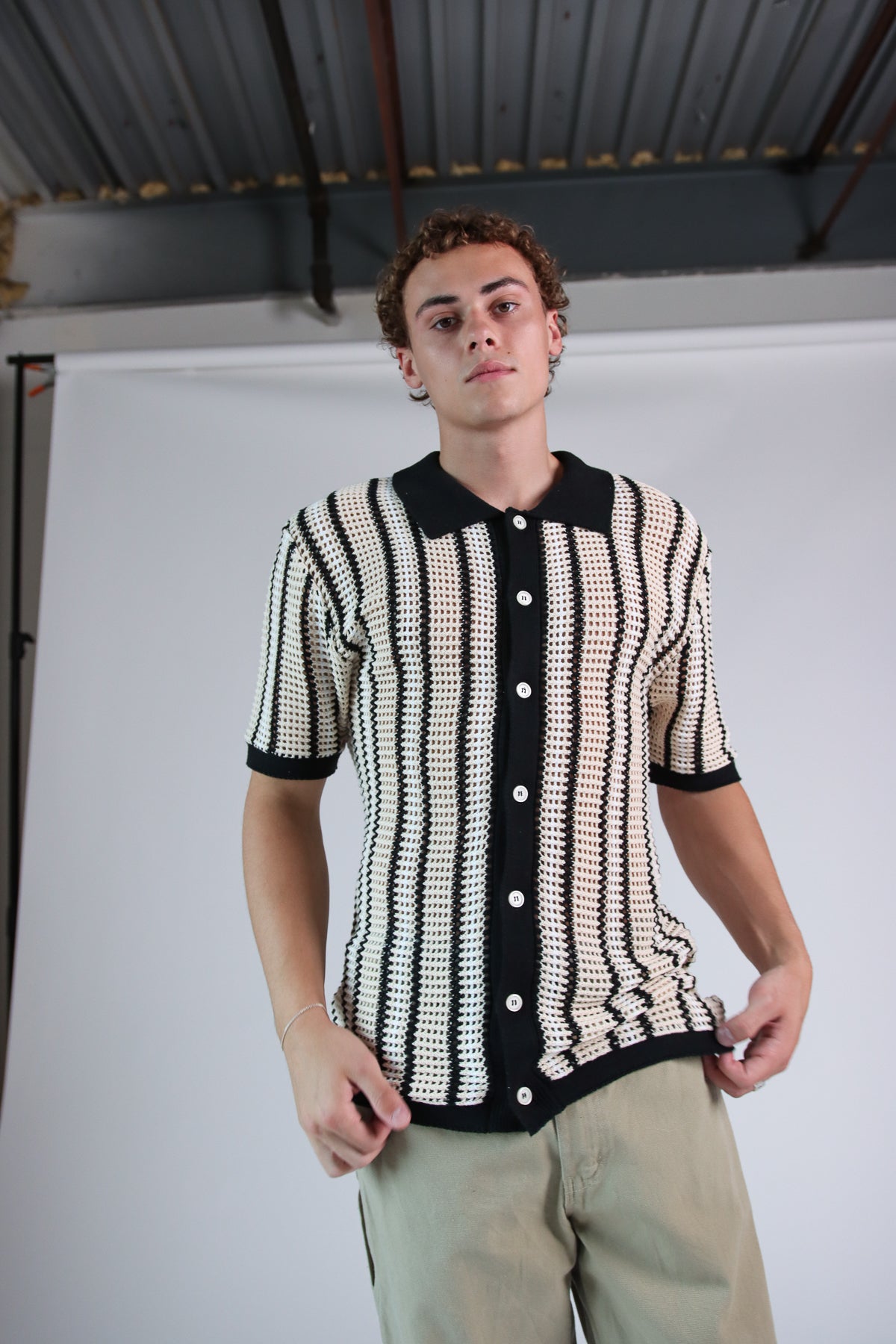 Striped Knit Mesh Button Up Shirt