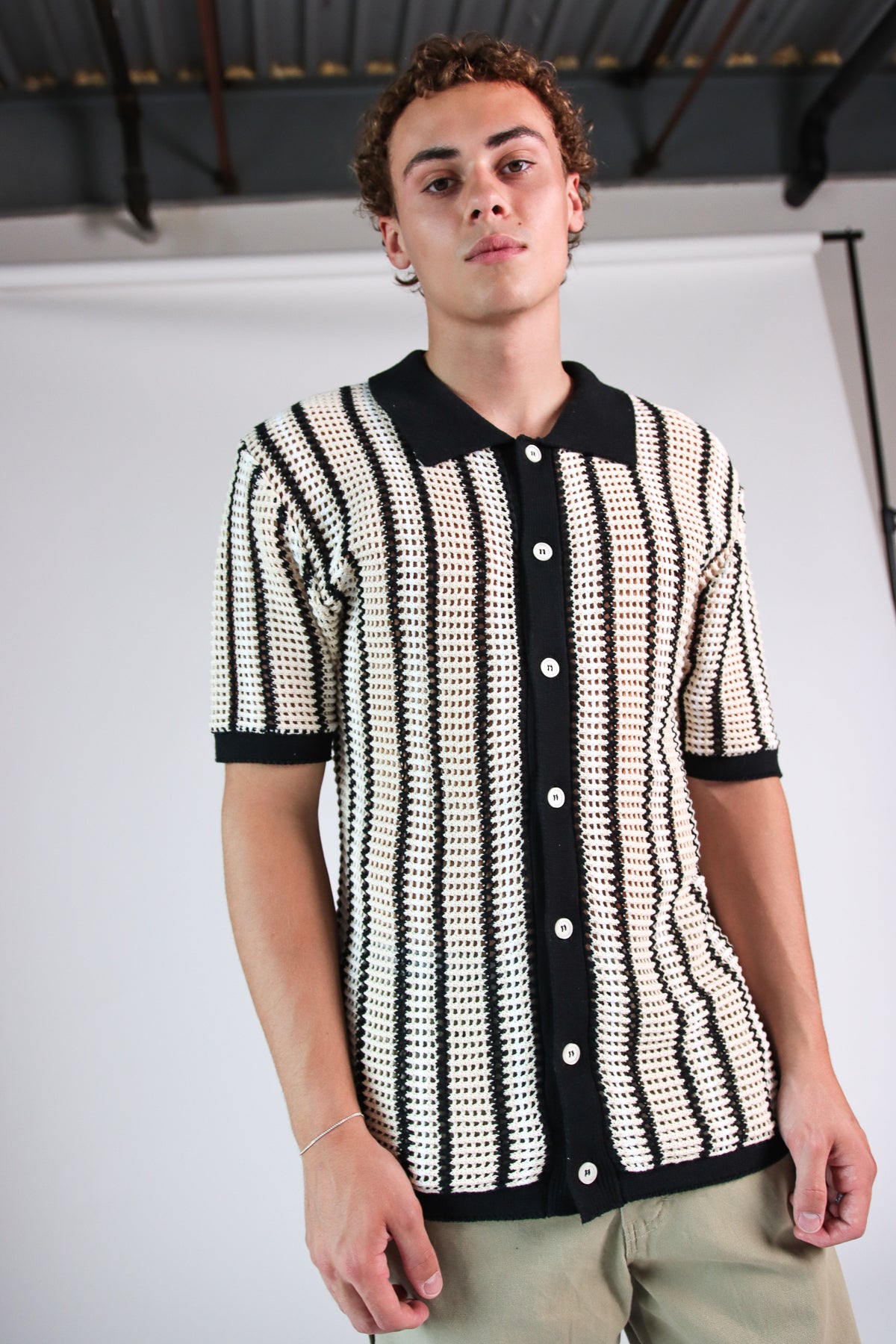 Striped Knit Mesh Button Up Shirt