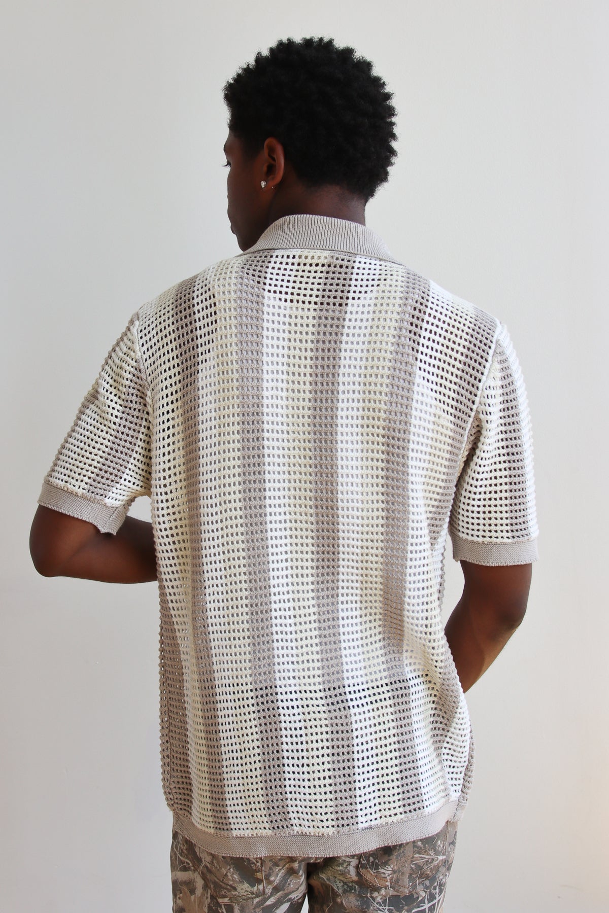 Striped Knit Mesh Button Up Shirt