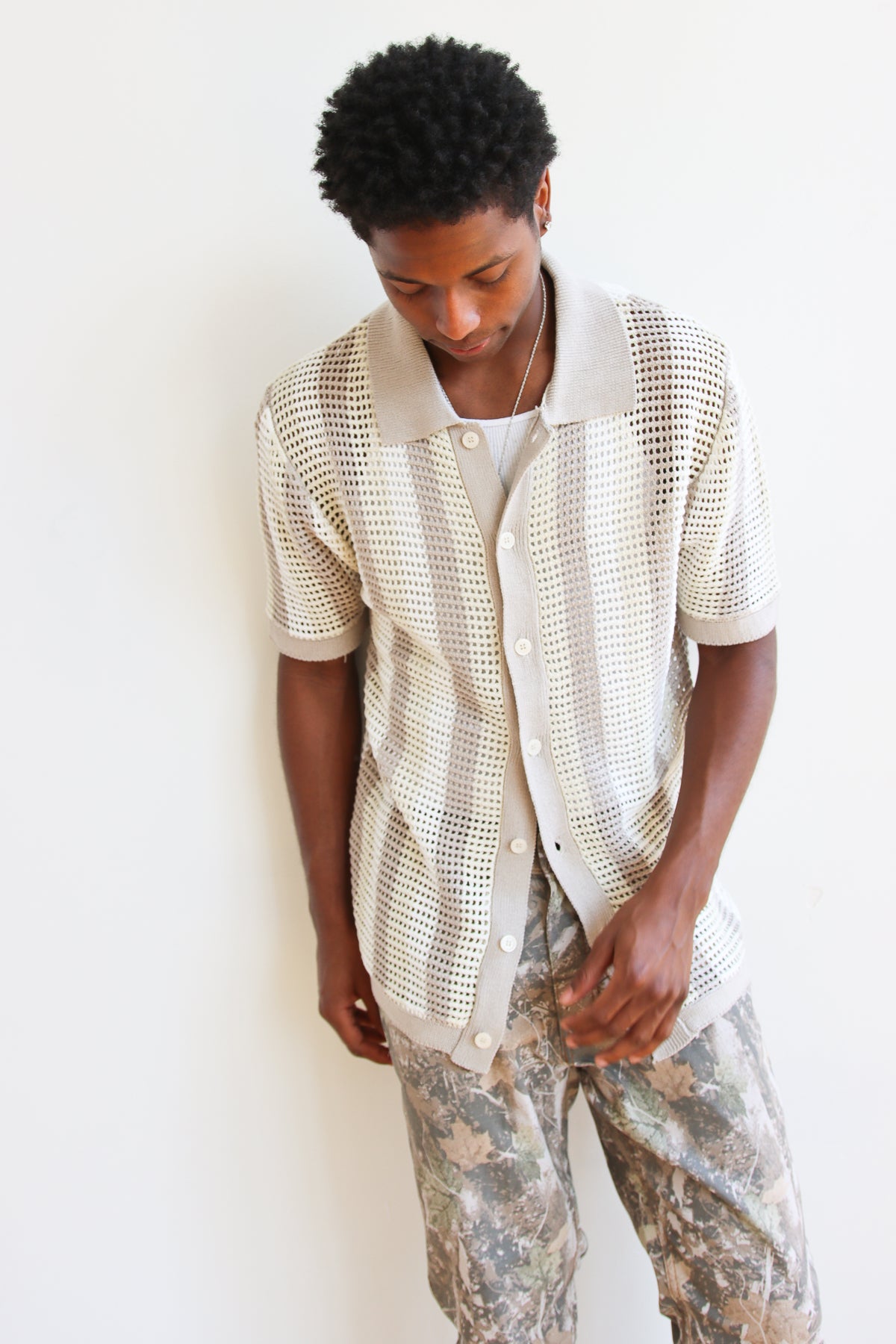 Striped Knit Mesh Button Up Shirt