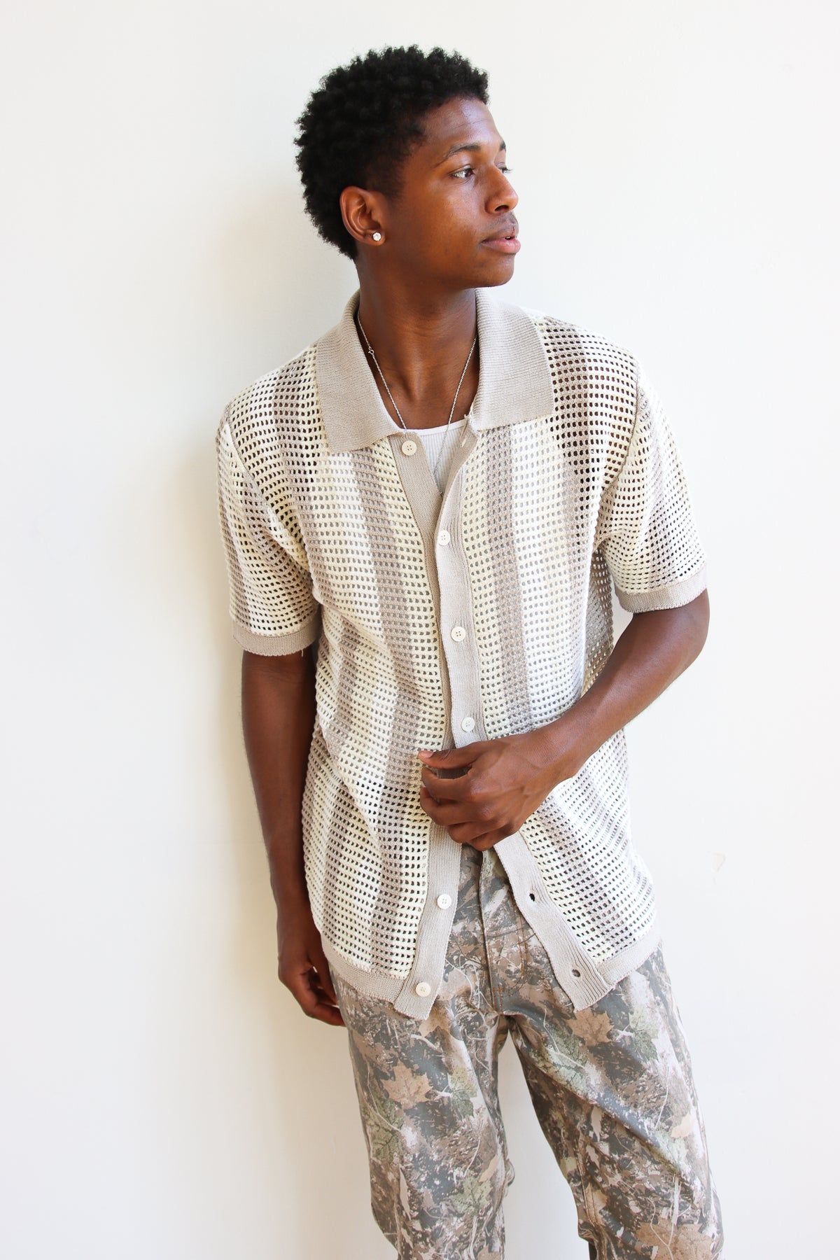 Striped Knit Mesh Button Up Shirt