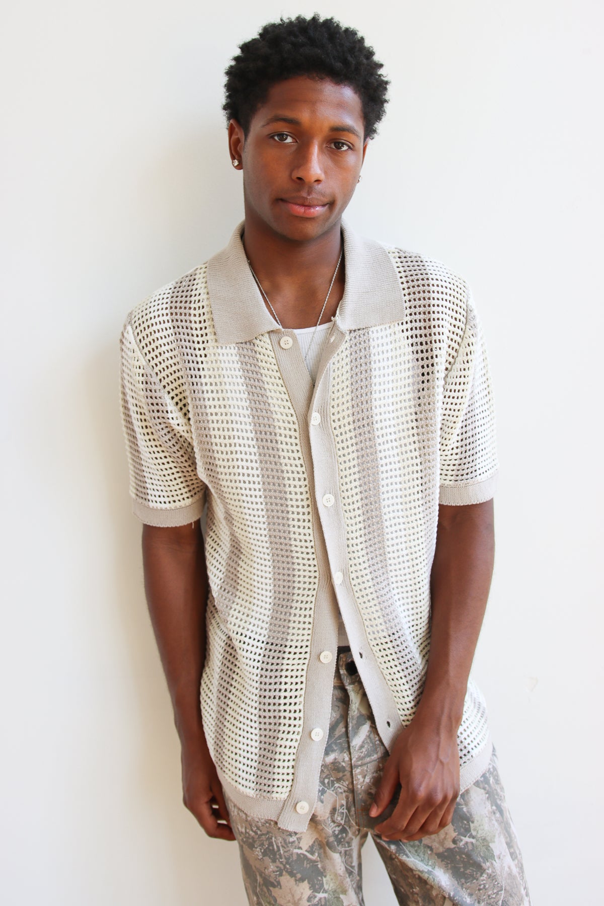 Striped Knit Mesh Button Up Shirt