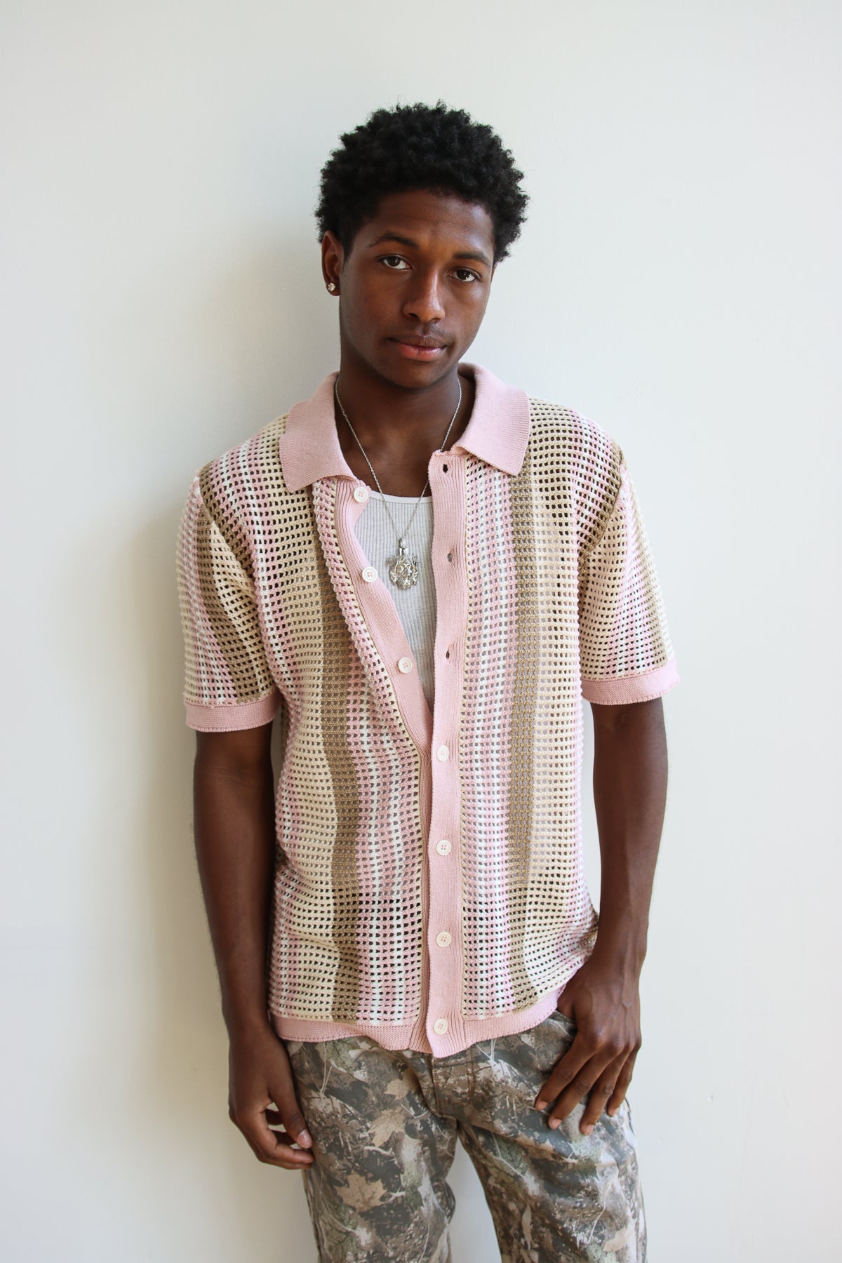 Striped Knit Mesh Button Up Shirt