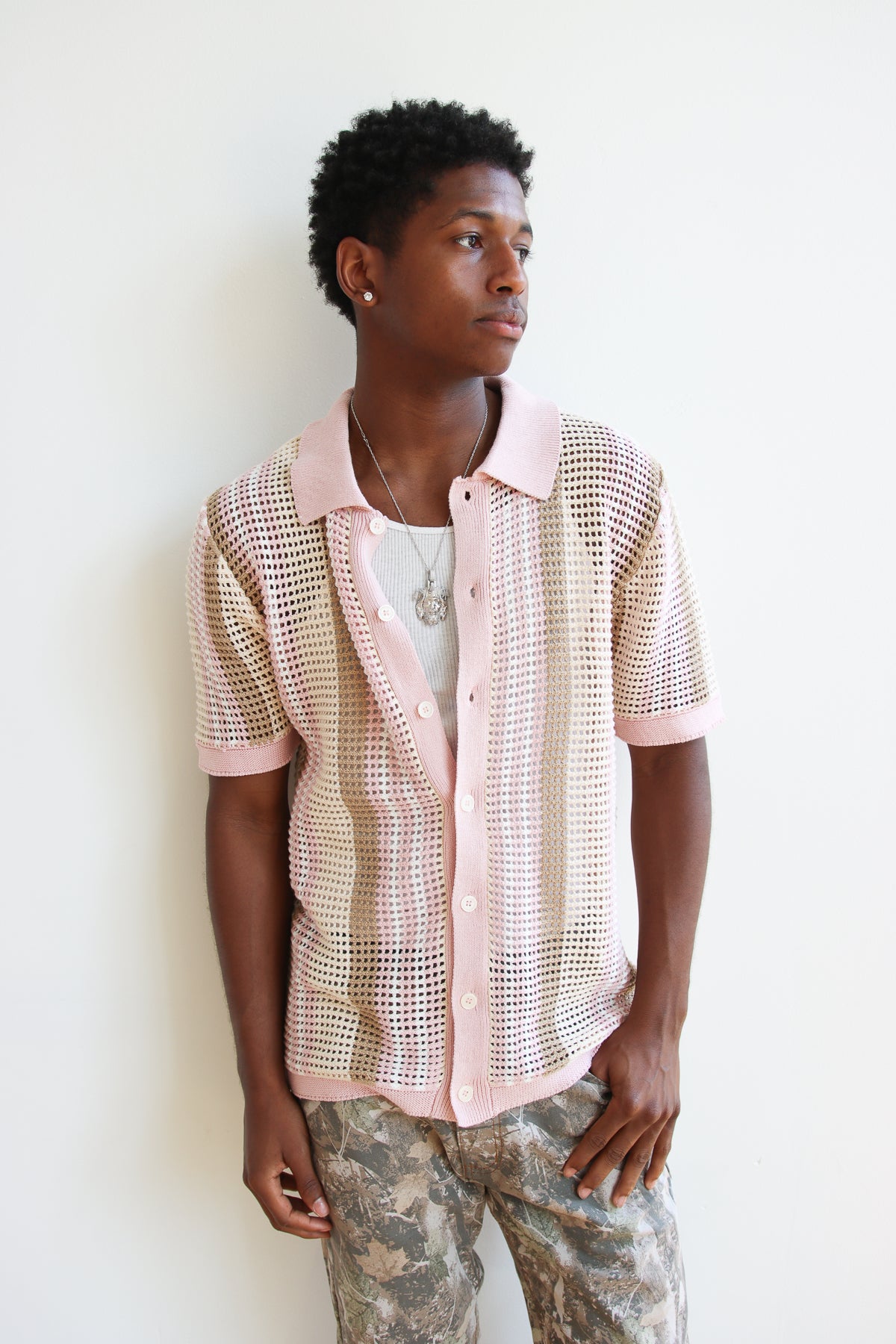 Striped Knit Mesh Button Up Shirt