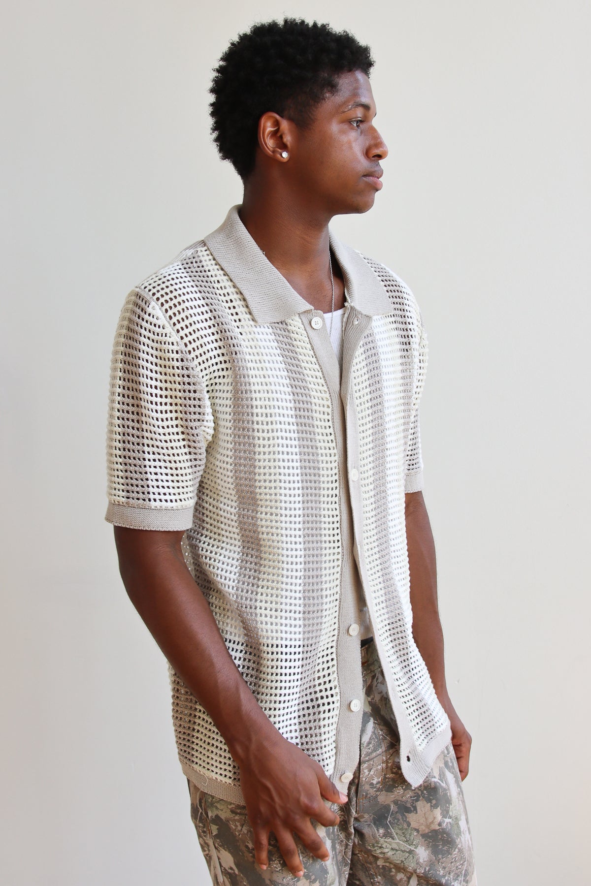 Striped Knit Mesh Button Up Shirt