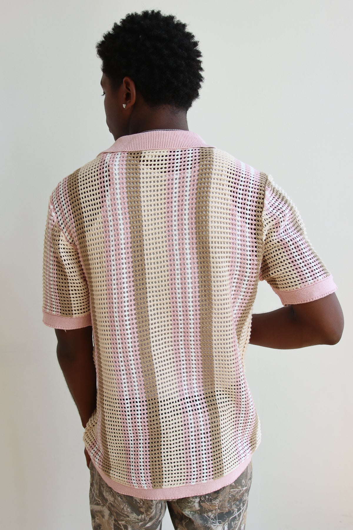 Striped Knit Mesh Button Up Shirt