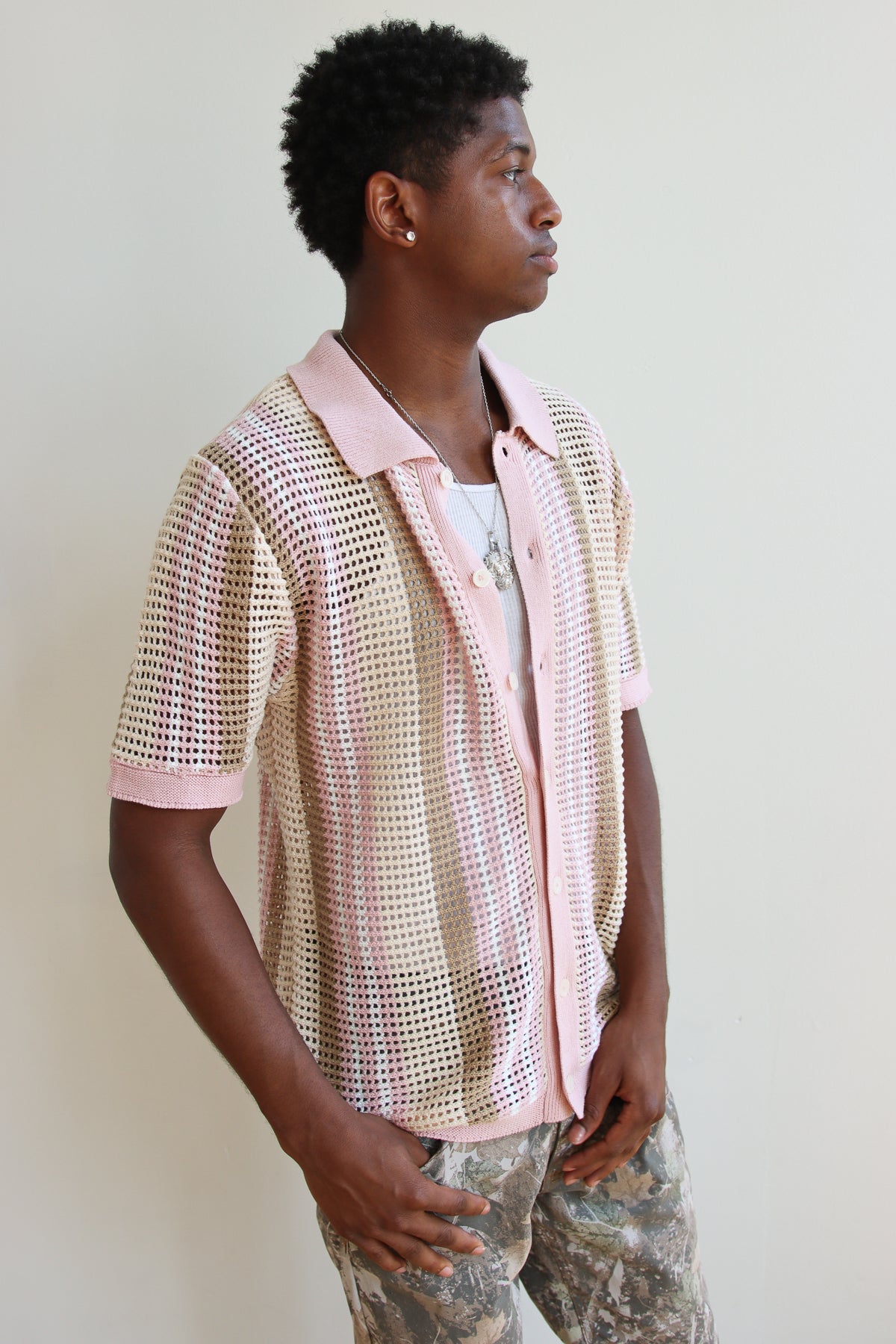 Striped Knit Mesh Button Up Shirt