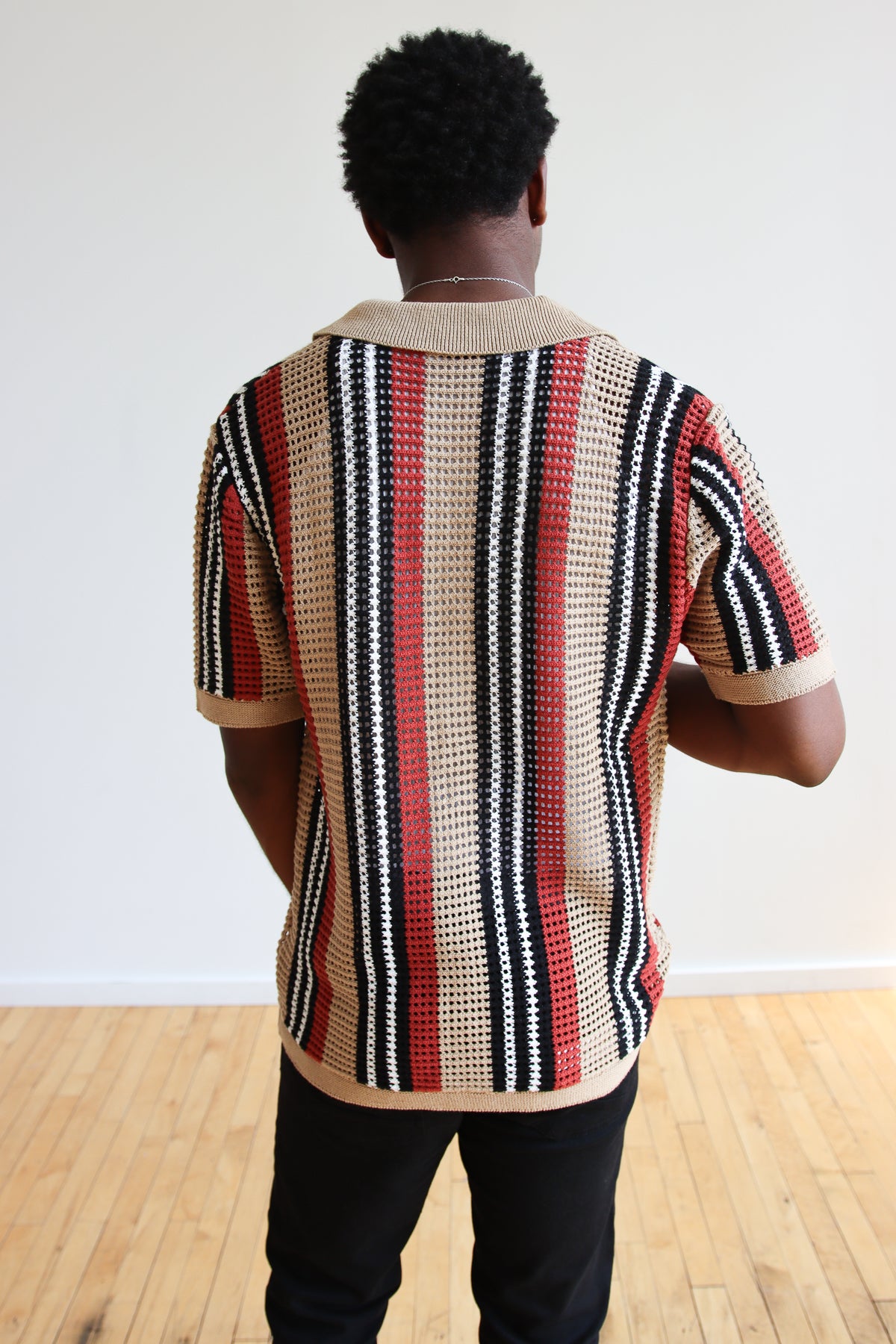 Striped Knit Mesh Button Up Shirt