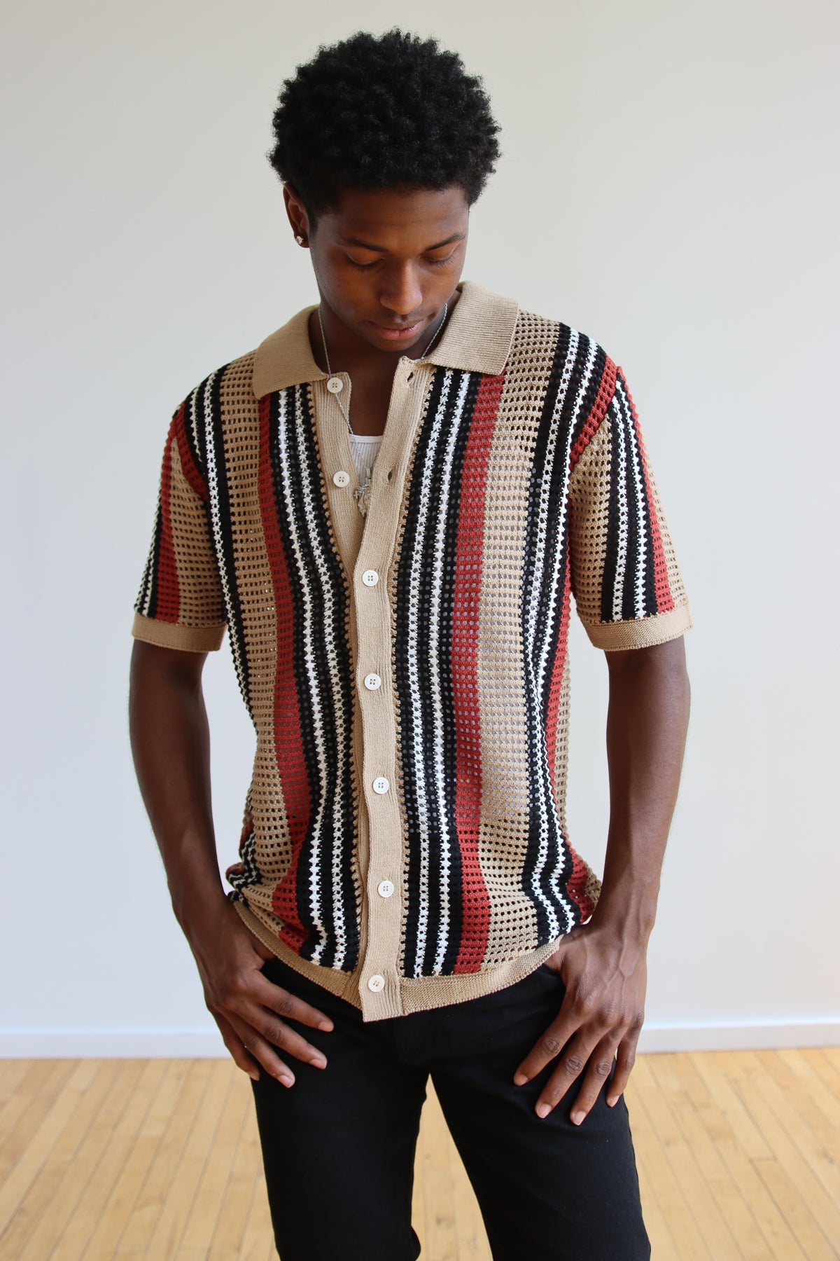 Striped Knit Mesh Button Up Shirt