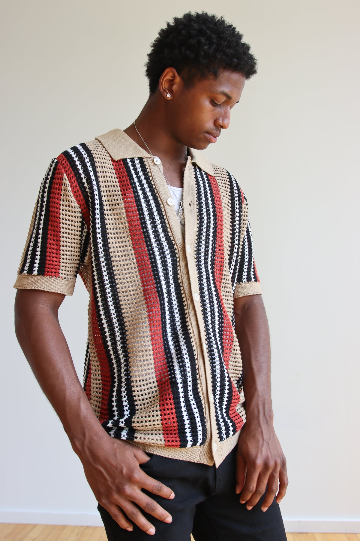 Striped Knit Mesh Button Up Shirt