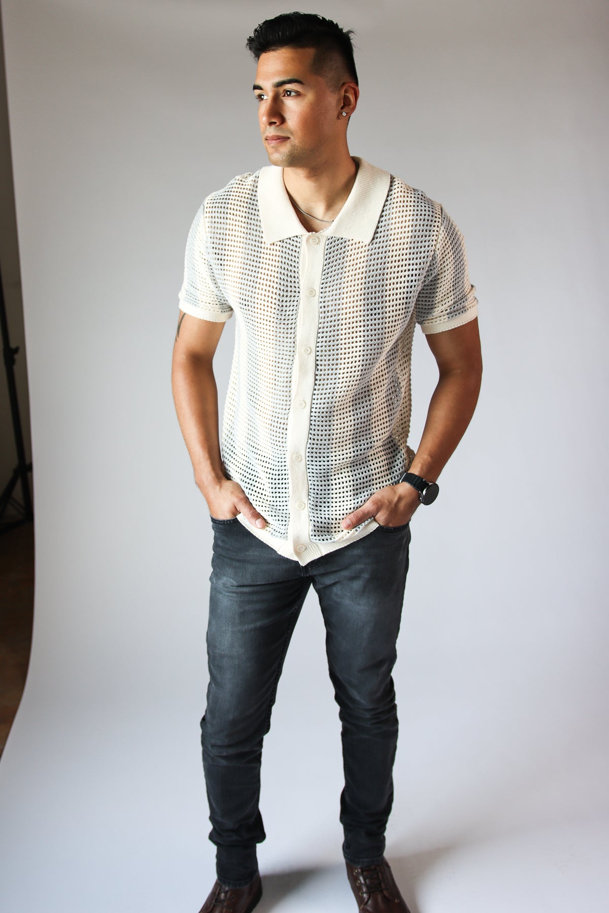 Striped Knit Mesh Button Up Shir