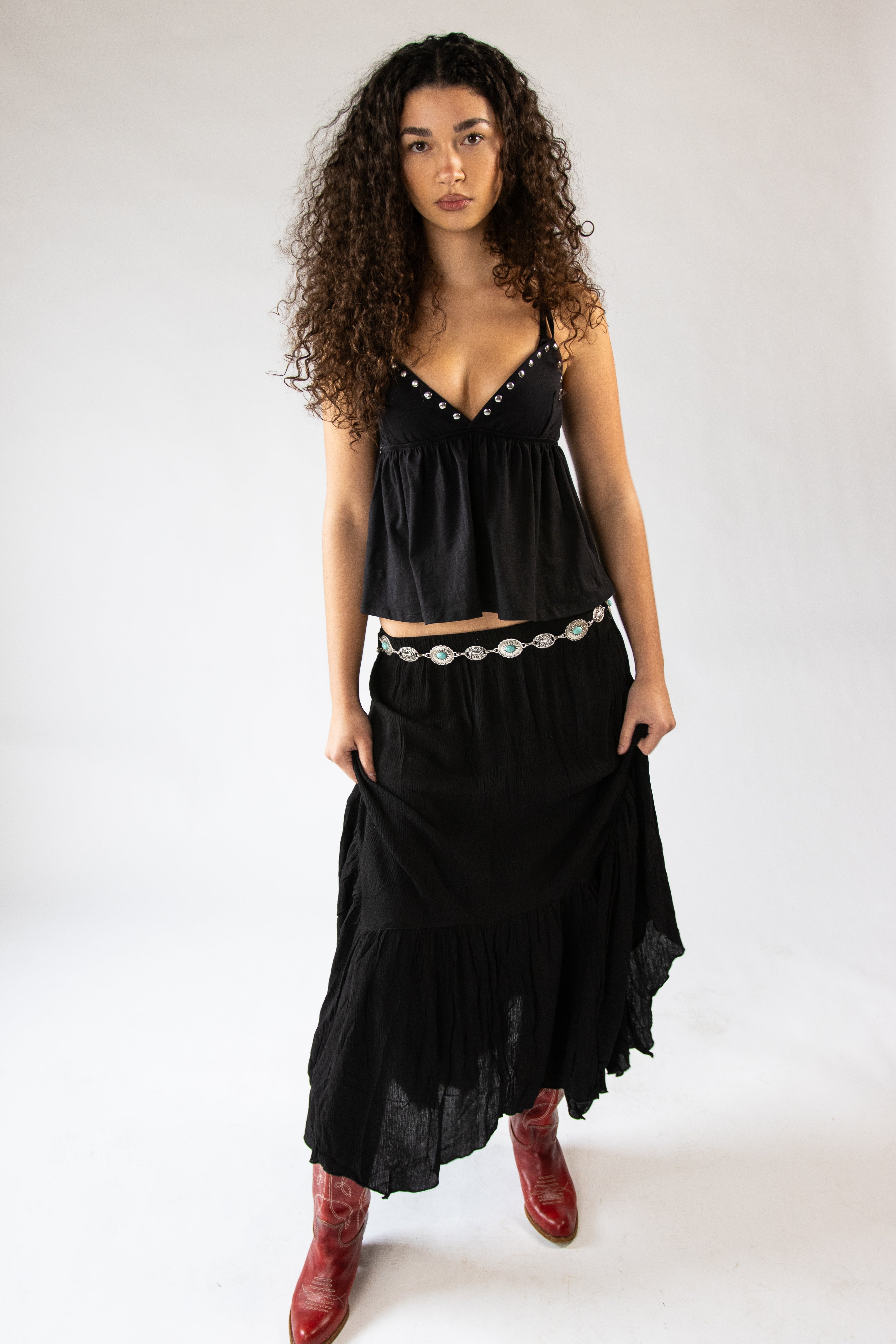 Studded Babydoll Tank Top - Black