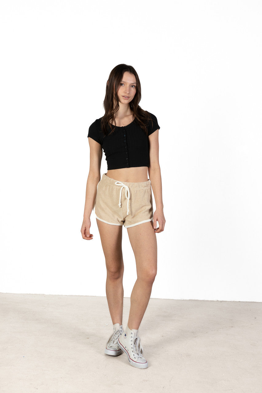 Tan Terry Drawstring Dolphin Shorts