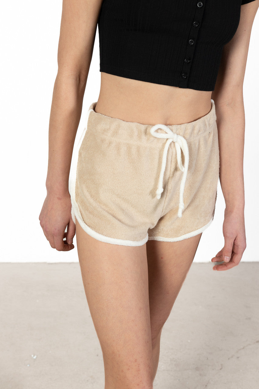 Tan Terry Drawstring Dolphin Shorts