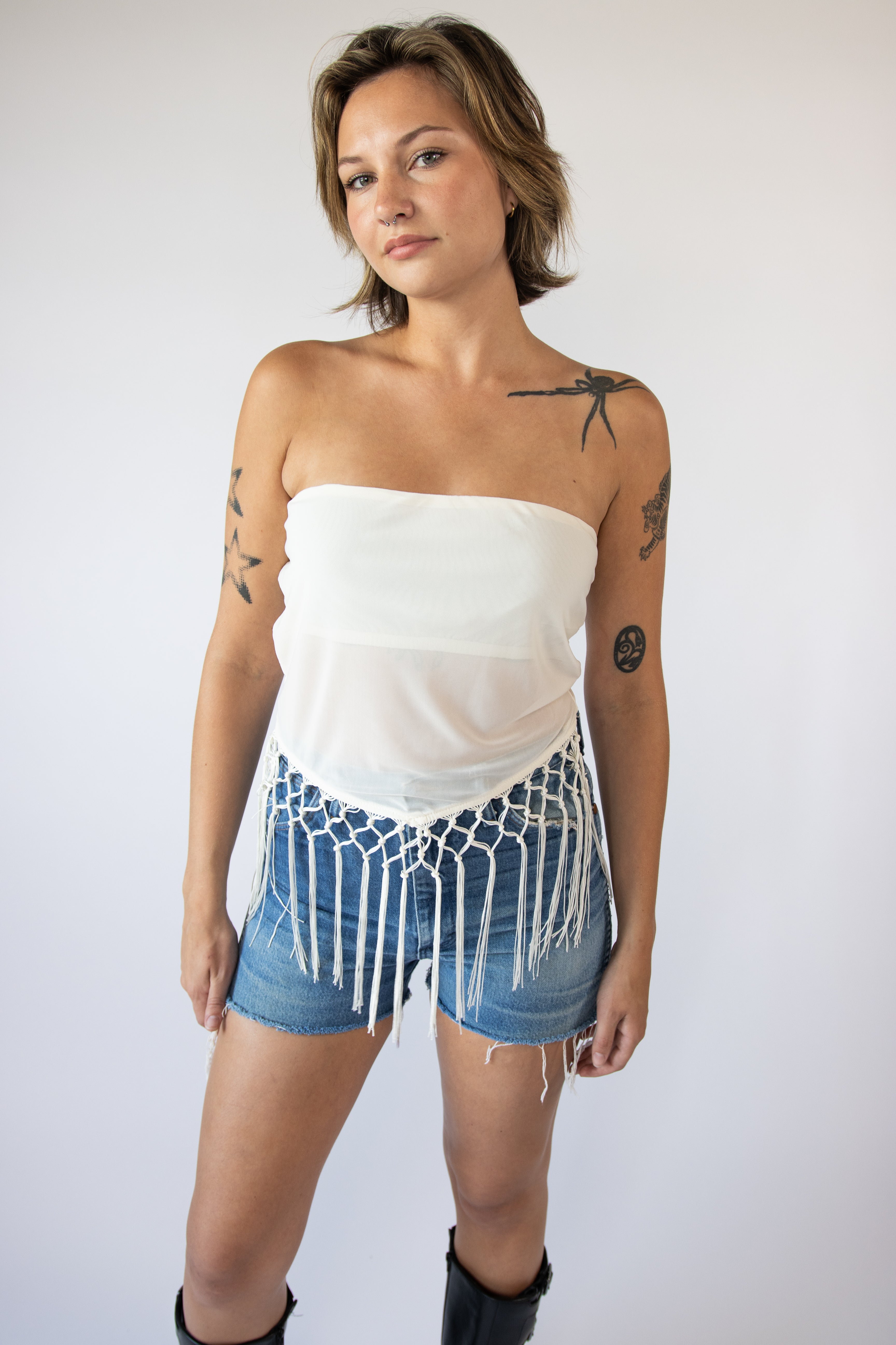 Tassel Fringe Mesh Tube Top
