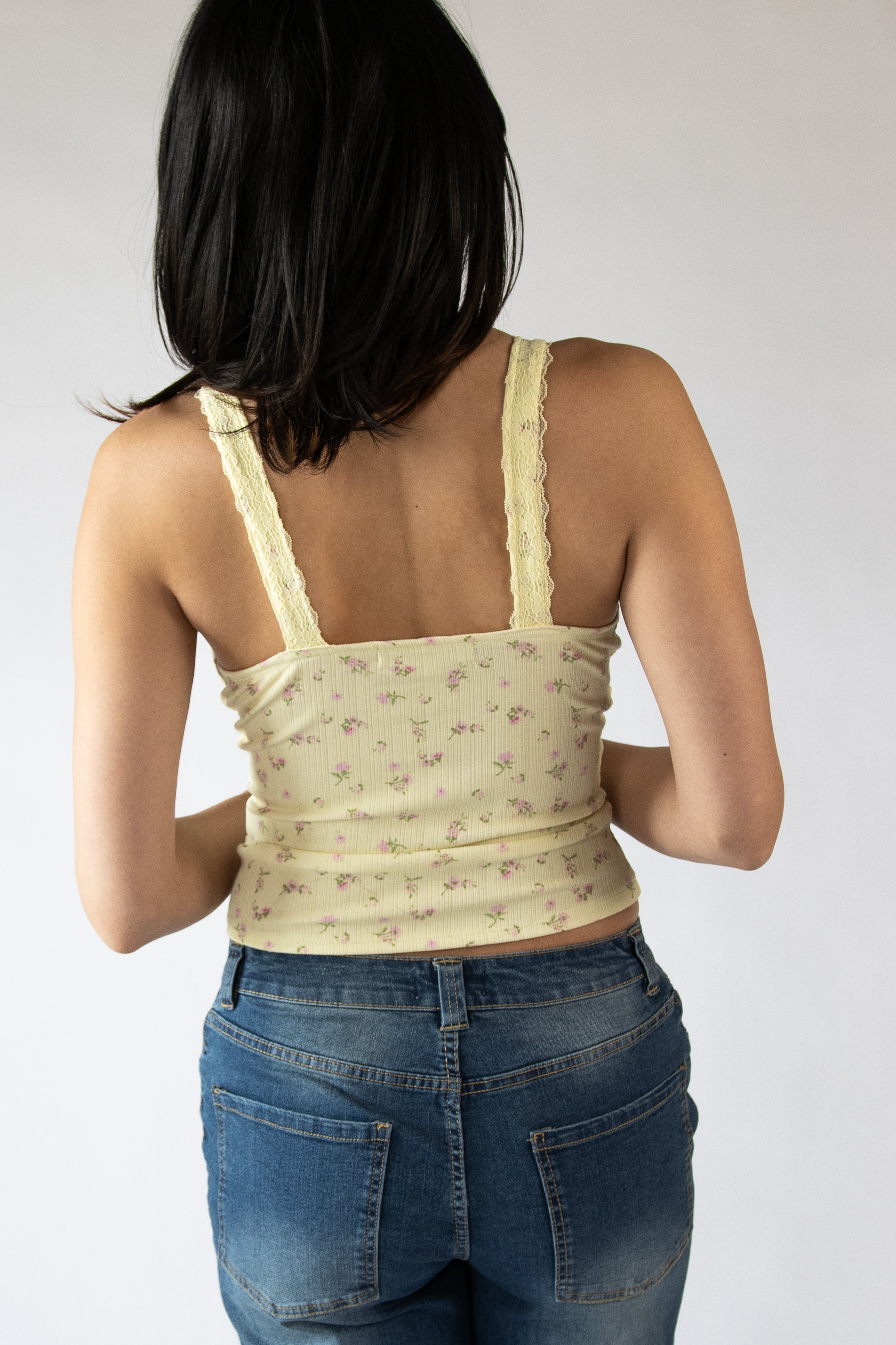 Tie Front Lace Trim Floral Tank Top