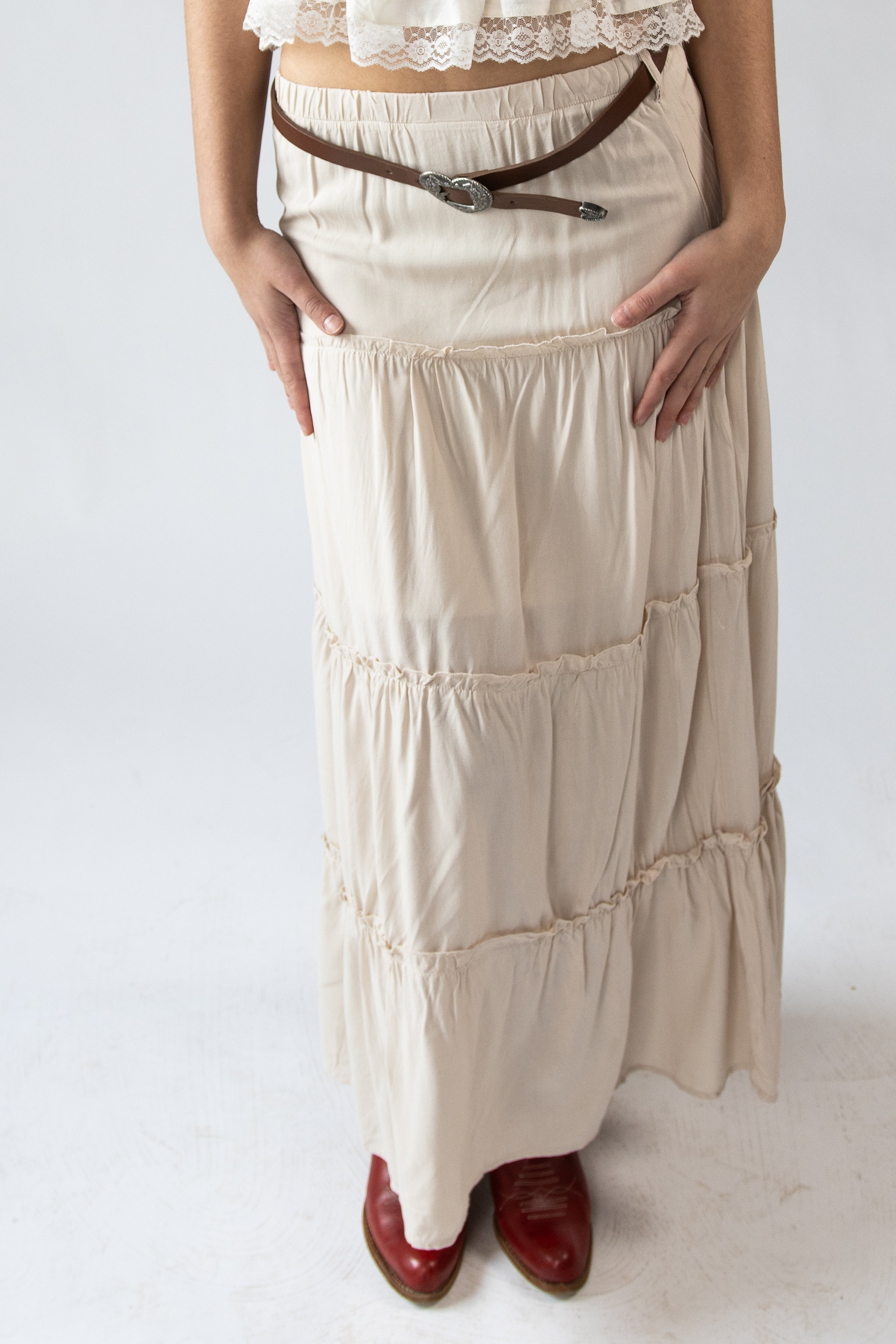 Belted Tiered Maxi Skirt