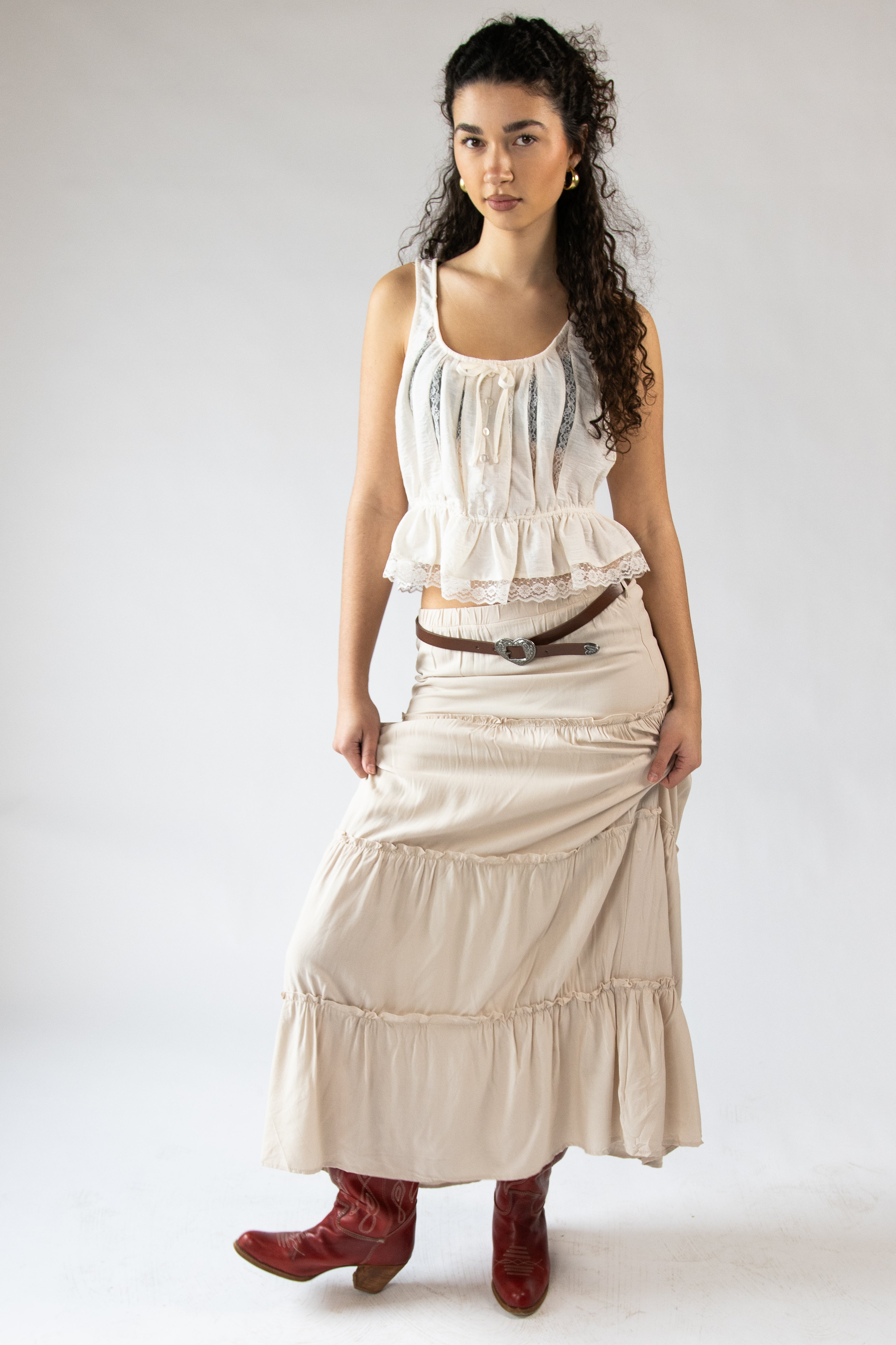 Belted Tiered Maxi Skirt