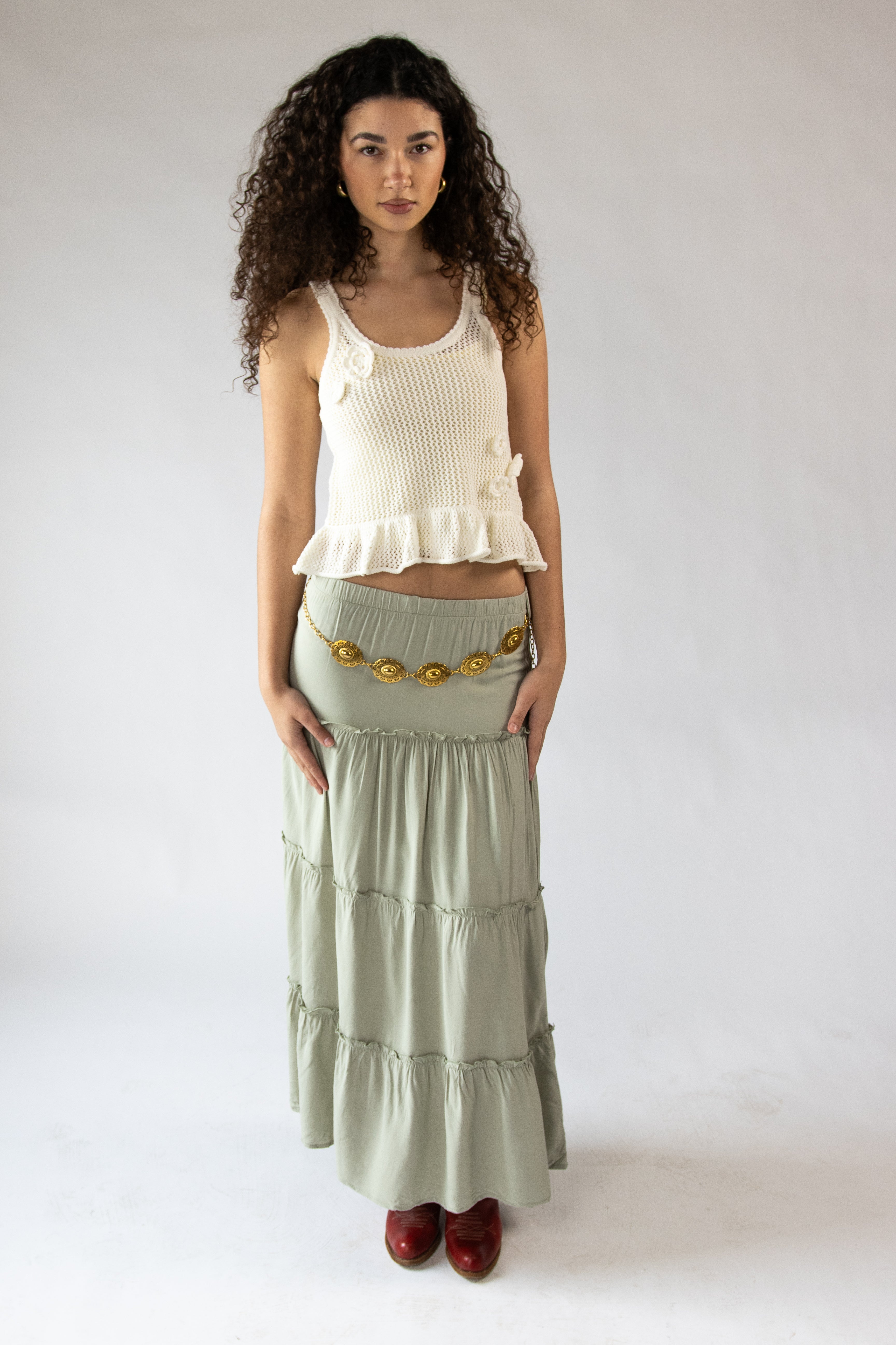 Belted Tiered Maxi Skirt