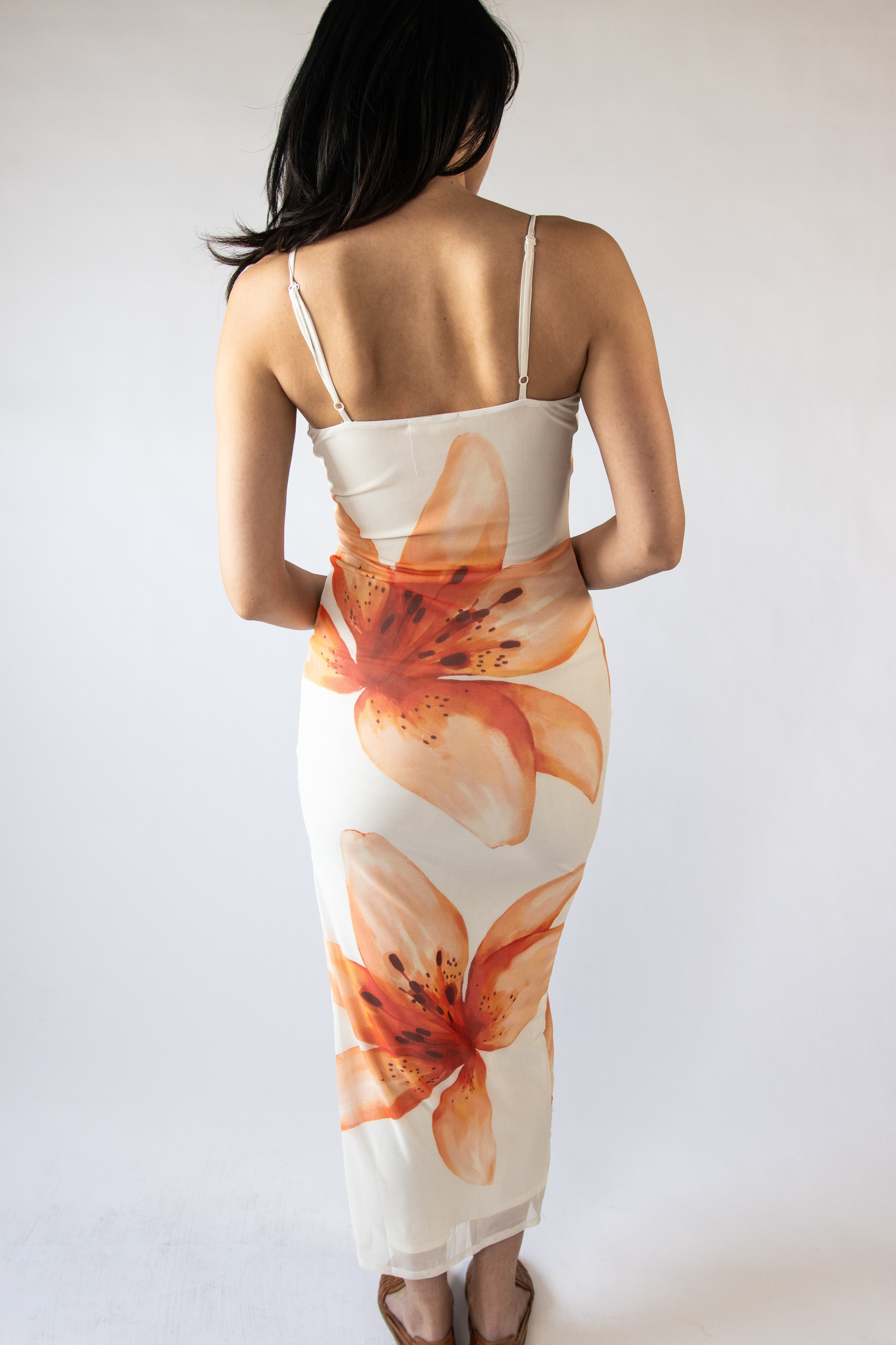 Large Flower Print Mesh Maxi Dress