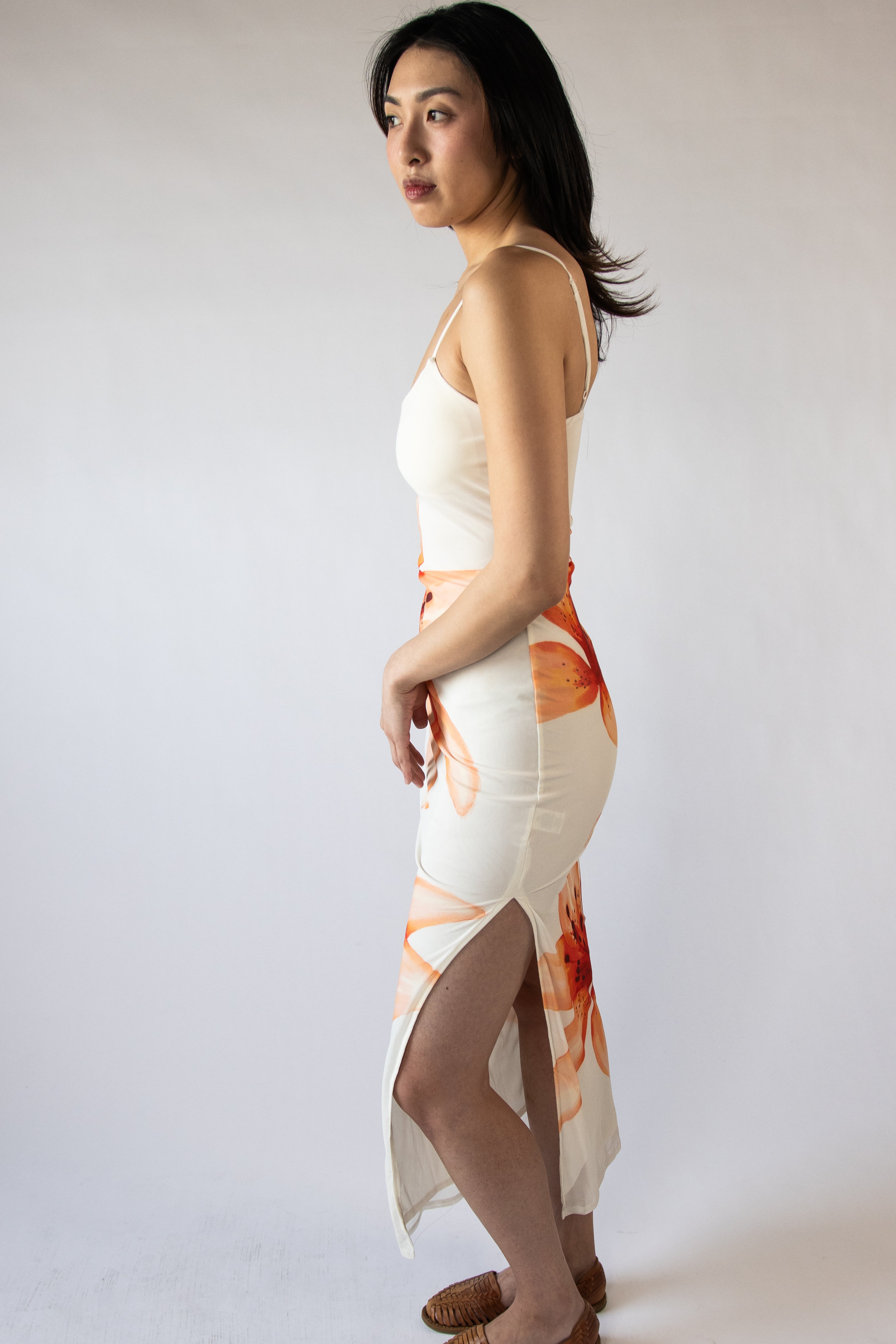 Large Flower Print Mesh Maxi Dress