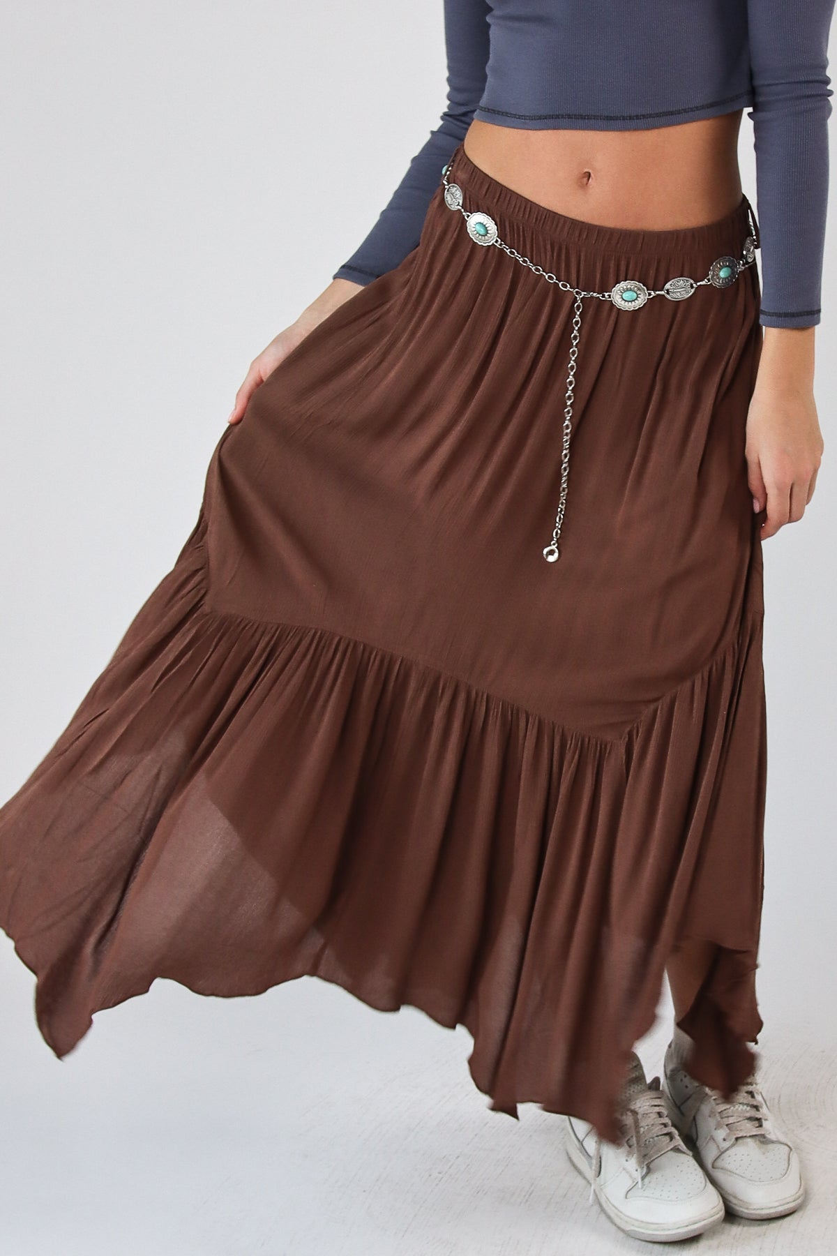 Turquoise Belt Hanky Hem Maxi Skirt