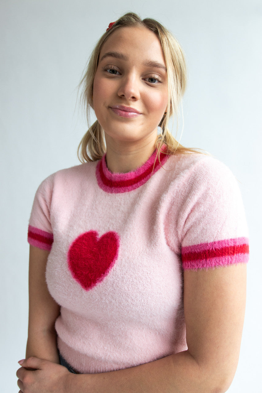 Short Sleeve Heart Eyelash Sweater
