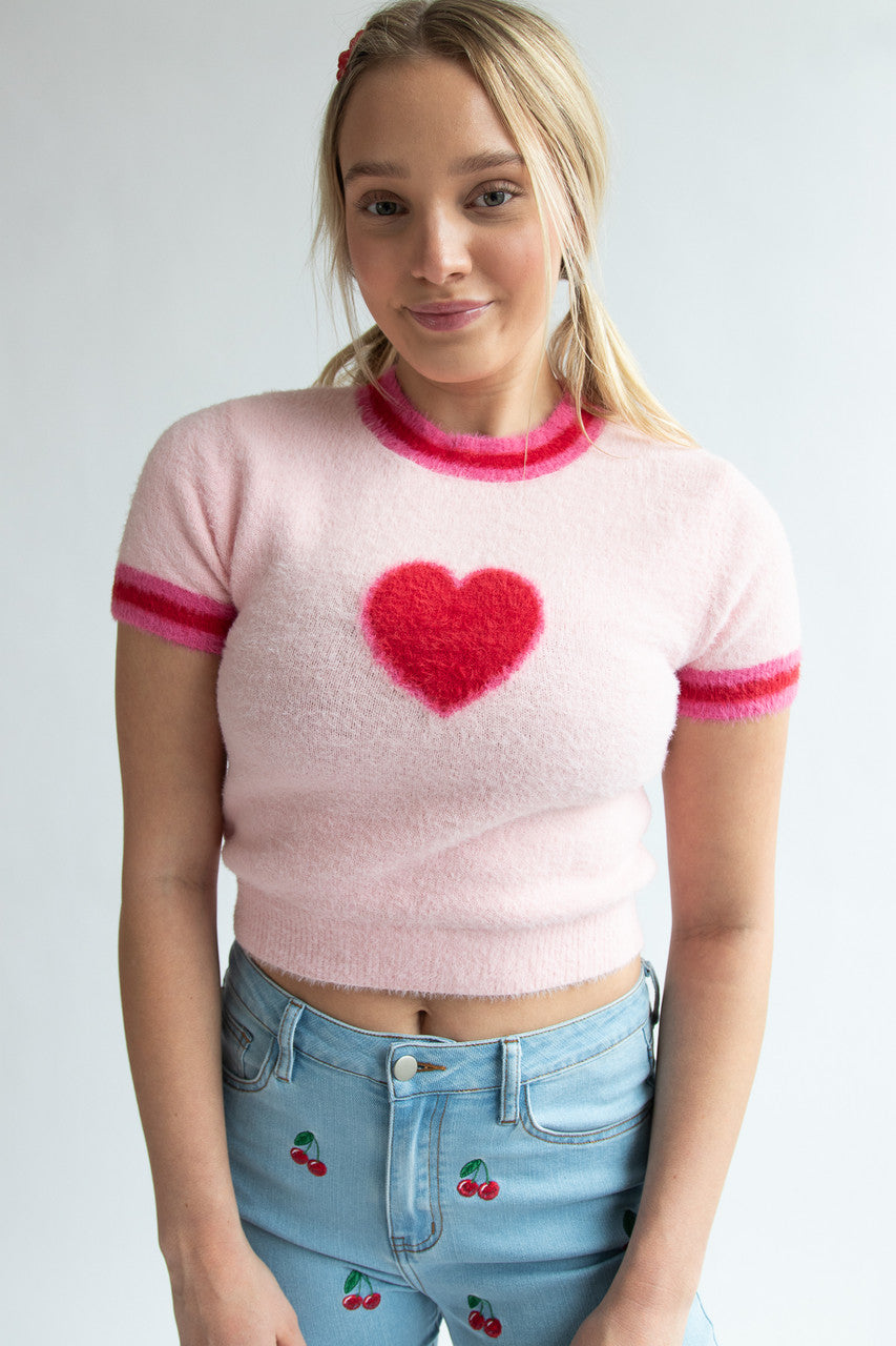 Short Sleeve Heart Eyelash Sweater