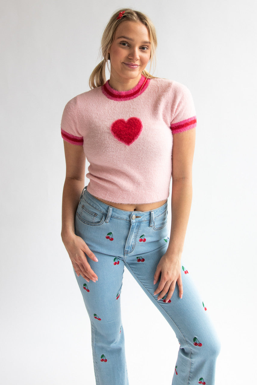 Short Sleeve Heart Eyelash Sweater