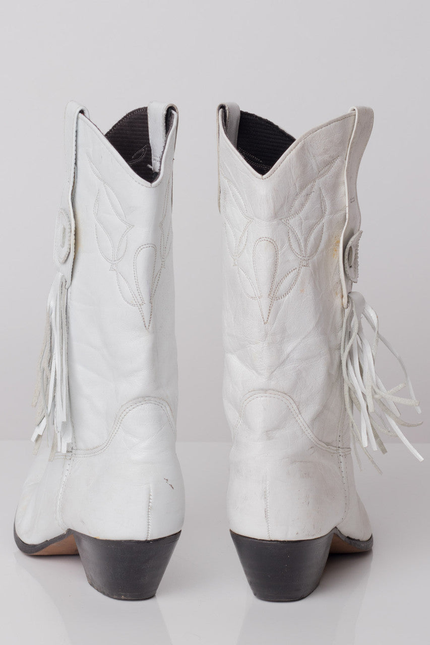 White Leather Vintage Cowboy Boots (7 M)
