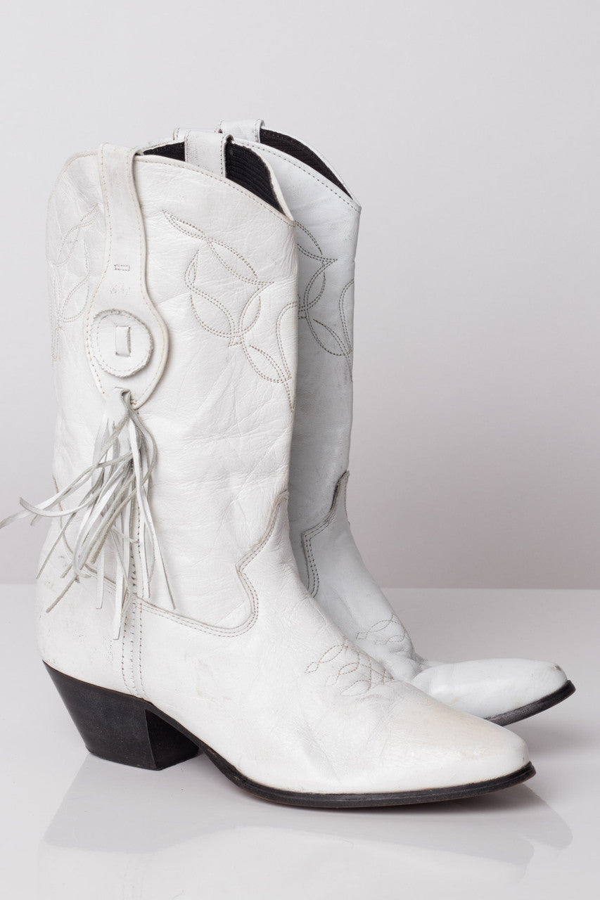 White Leather Vintage Cowboy Boots (7 M)